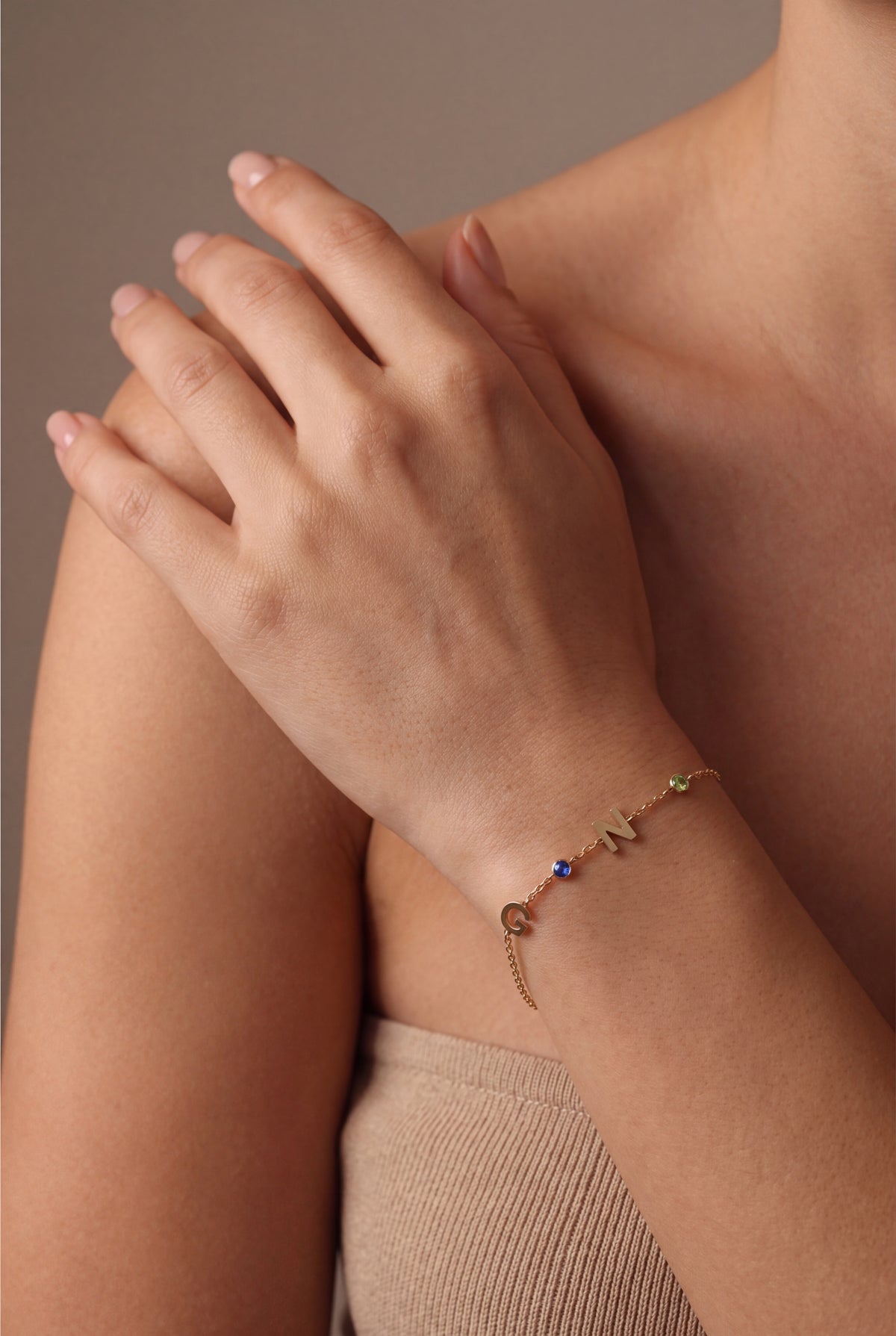 Personalized Initial & Birthstone Bracelet – on model