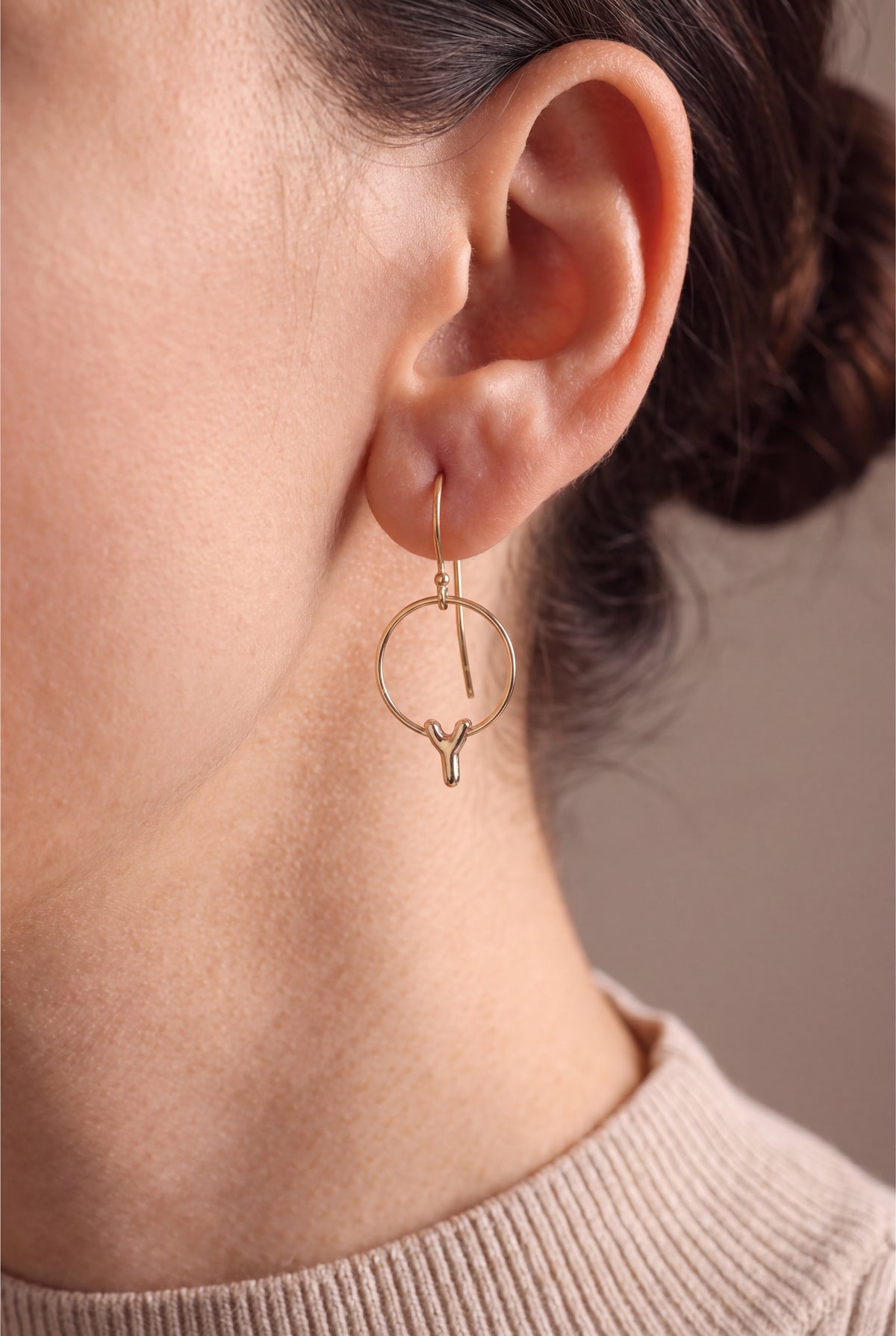 Personalized Initial Circle Drop Earrings – on model, second view