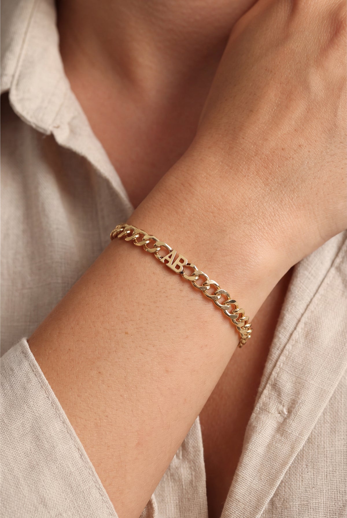 Personalized Initial Curb Chain Bracelet – on model
