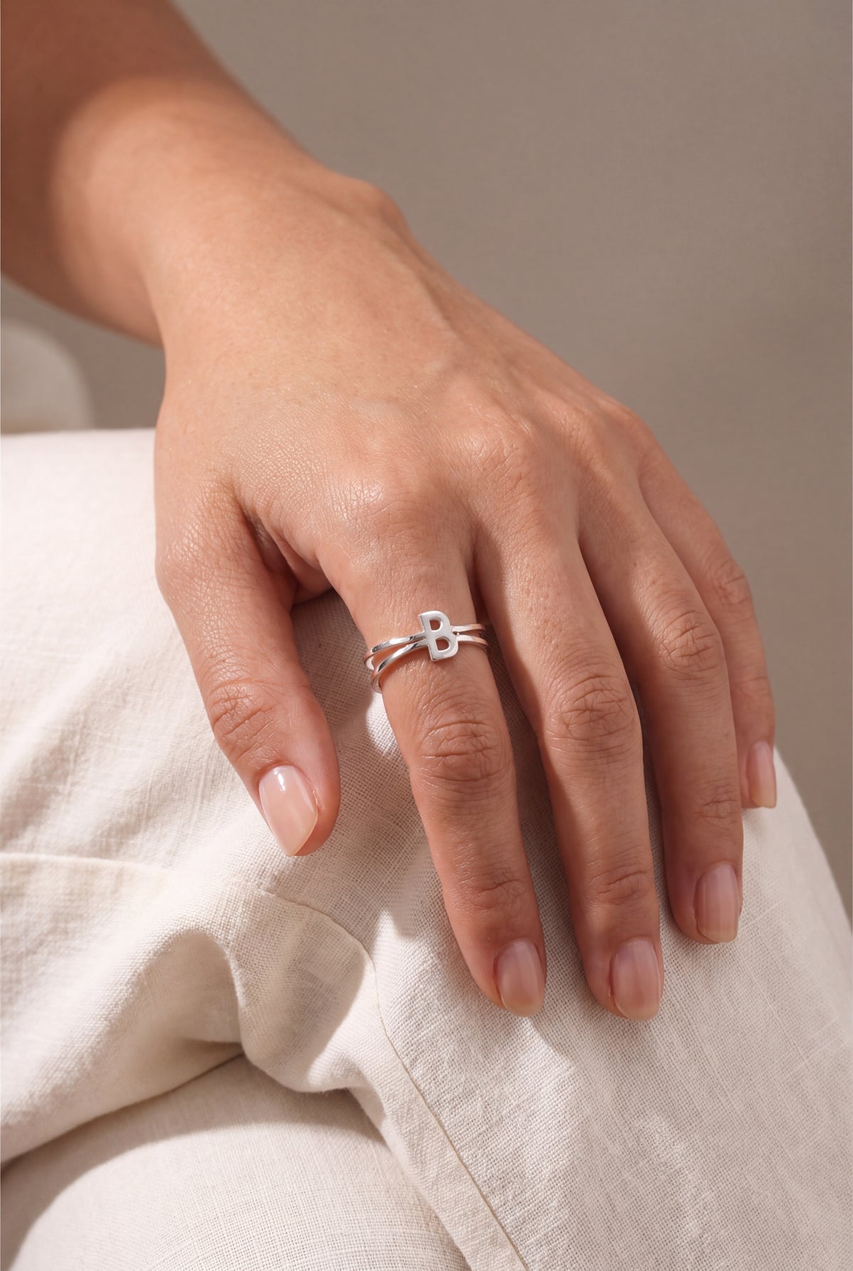 Personalized Initial Double Band Ring – on model, second view