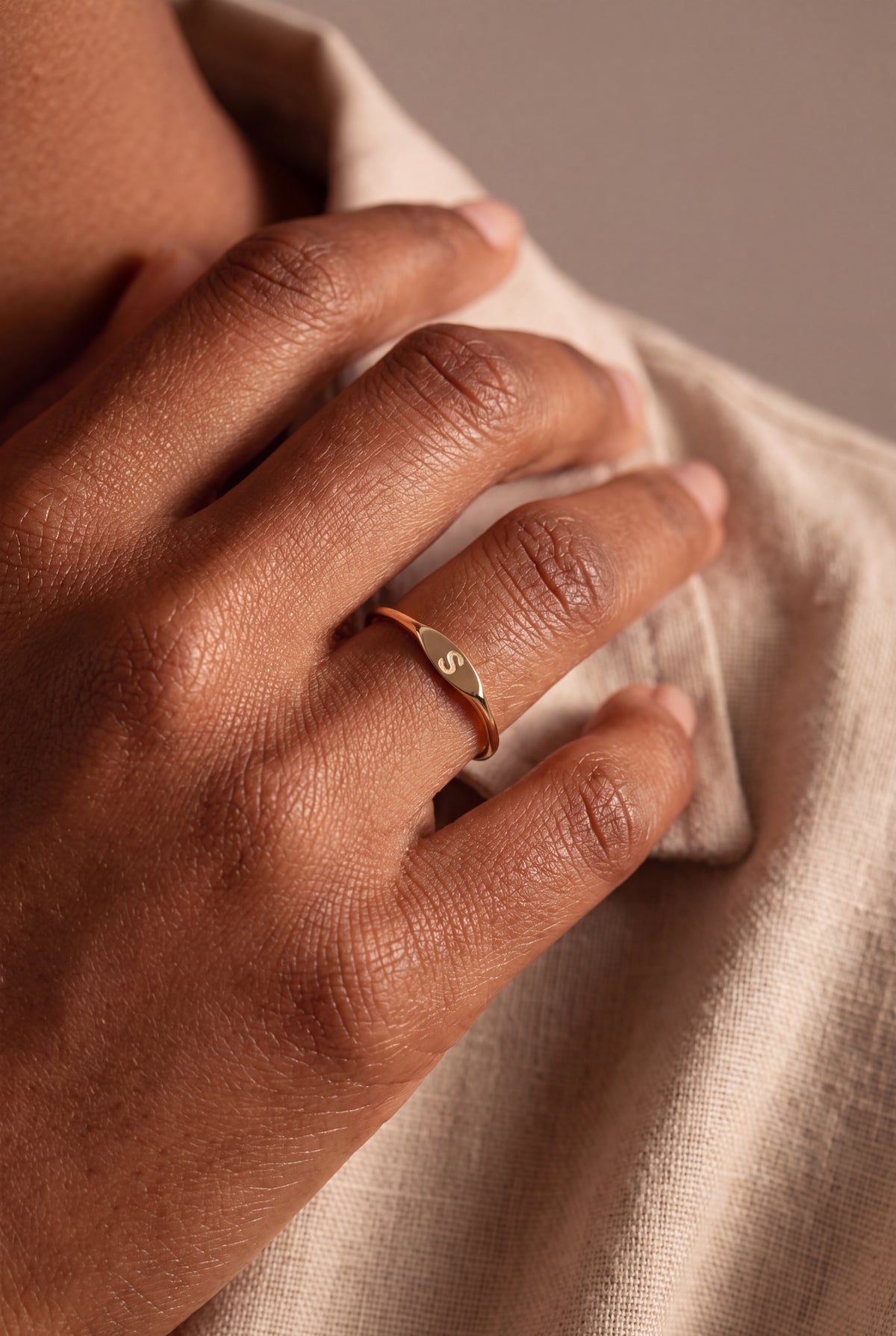 Personalized Initial Marquise Signet Ring – on model, second view