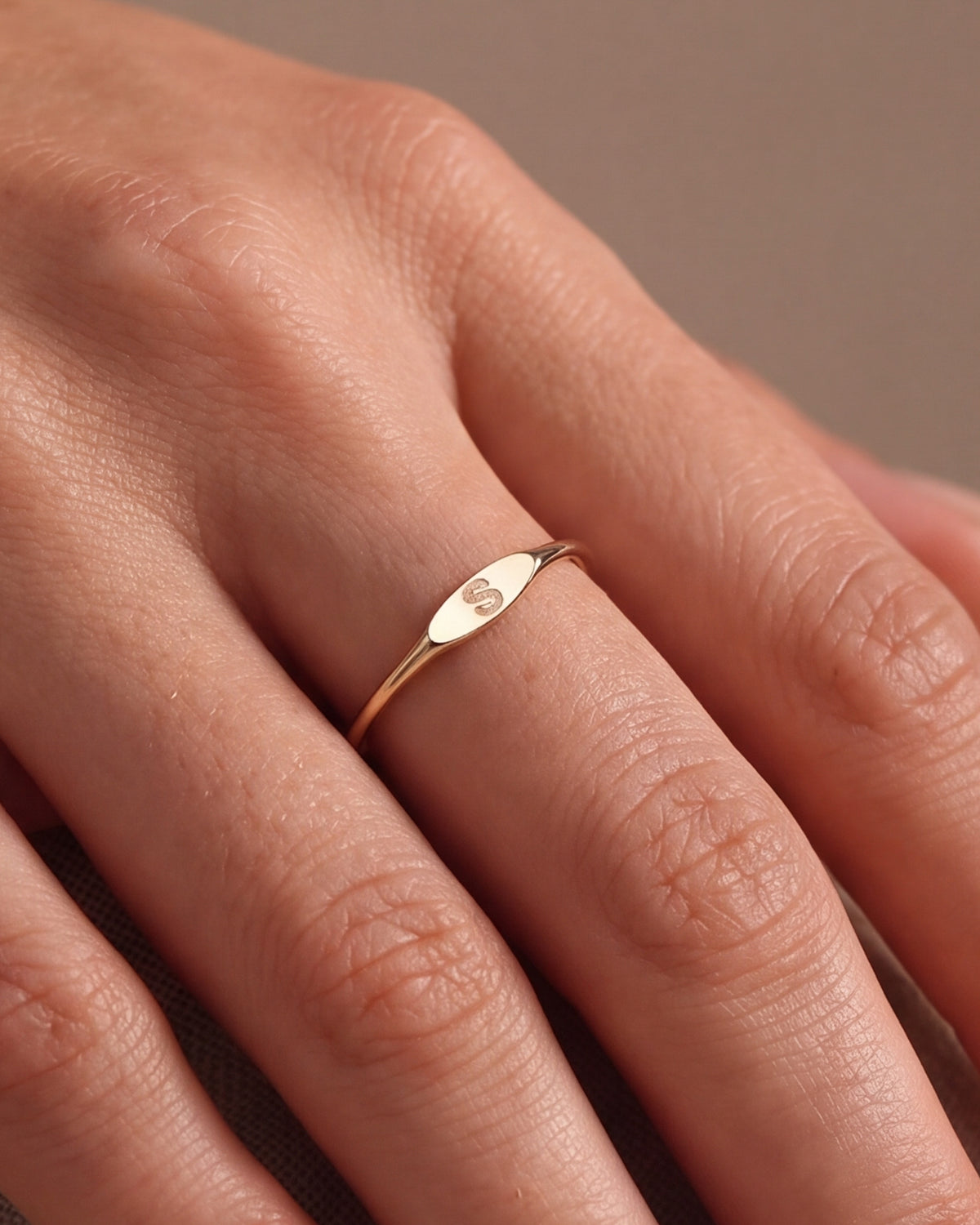 Personalized Initial Marquise Signet Ring – close-up