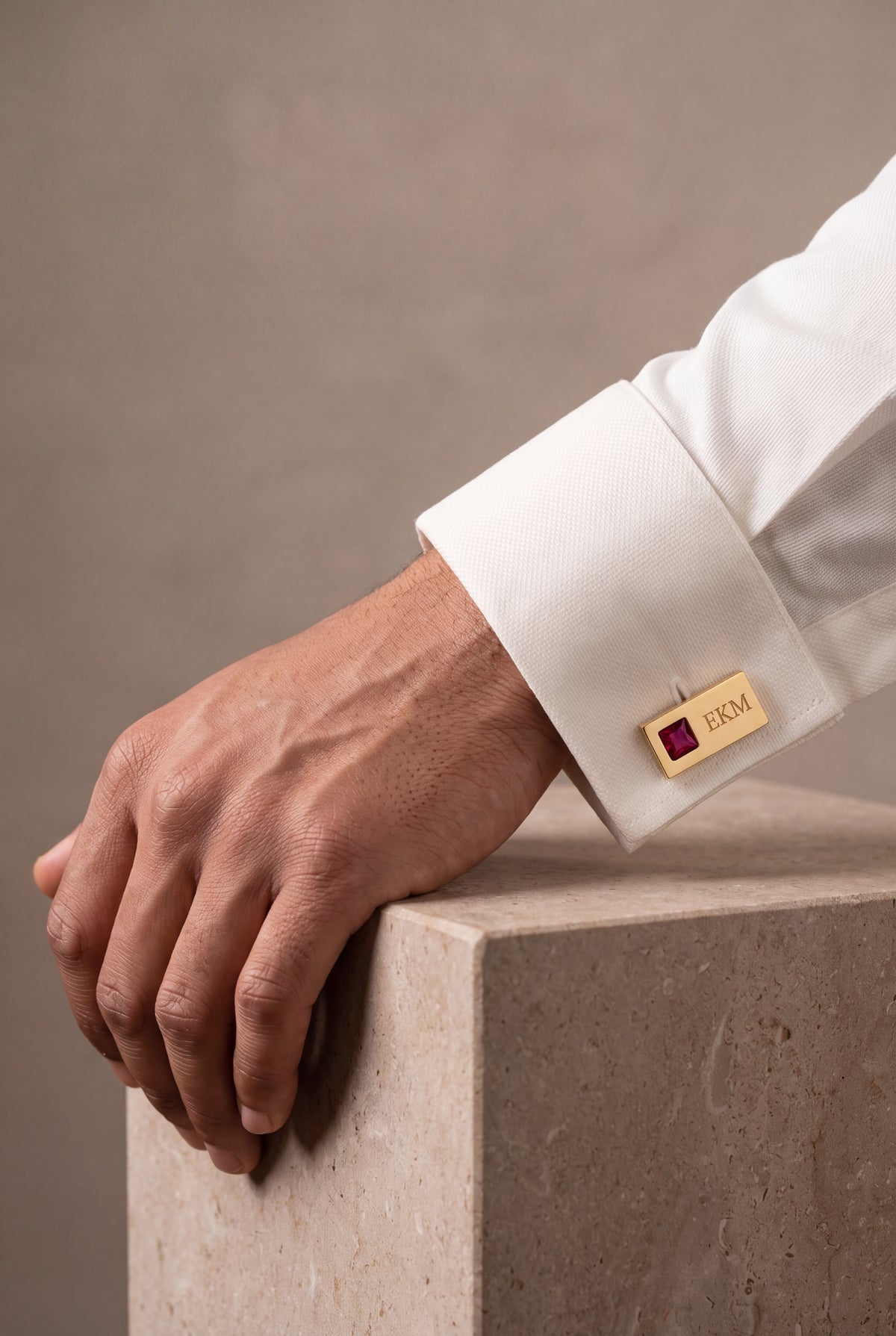 Personalized Initials & Square Stone Bar Cufflinks – on model, second view