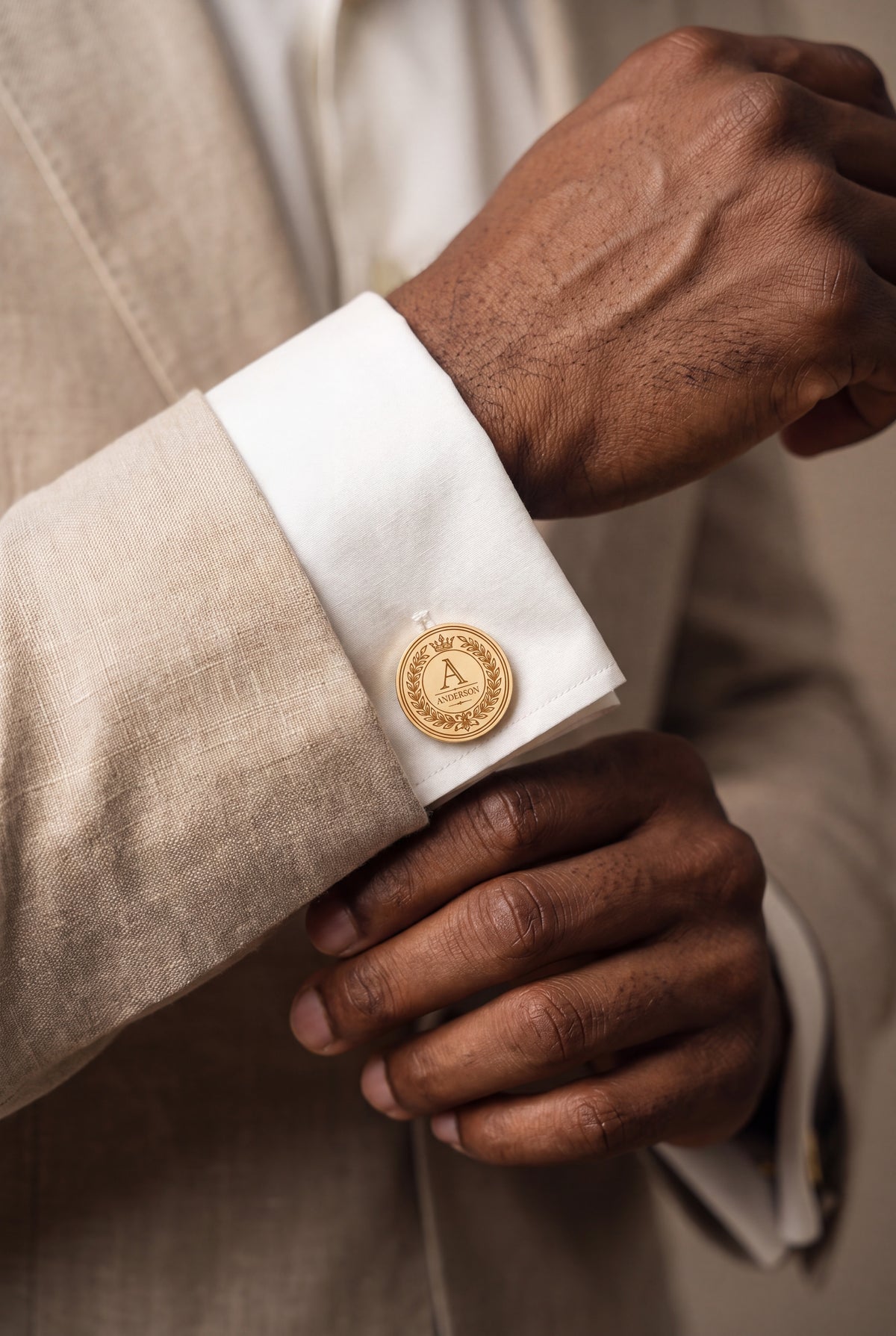 Personalized Laurel Wreath Initial & Surname Cufflinks – on model