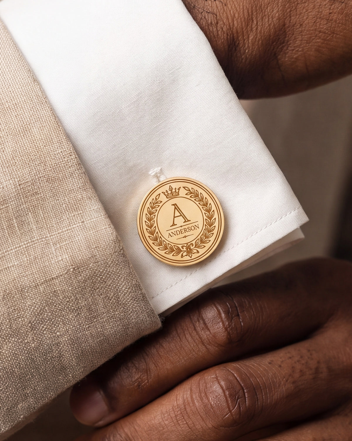 Personalized Laurel Wreath Initial & Surname Cufflinks – close-up