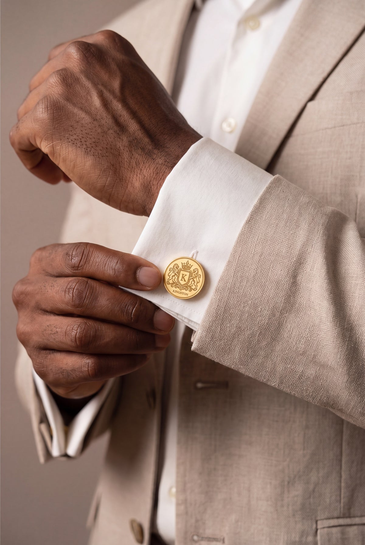 Personalized Lion Crest Family Name Cufflinks – on model