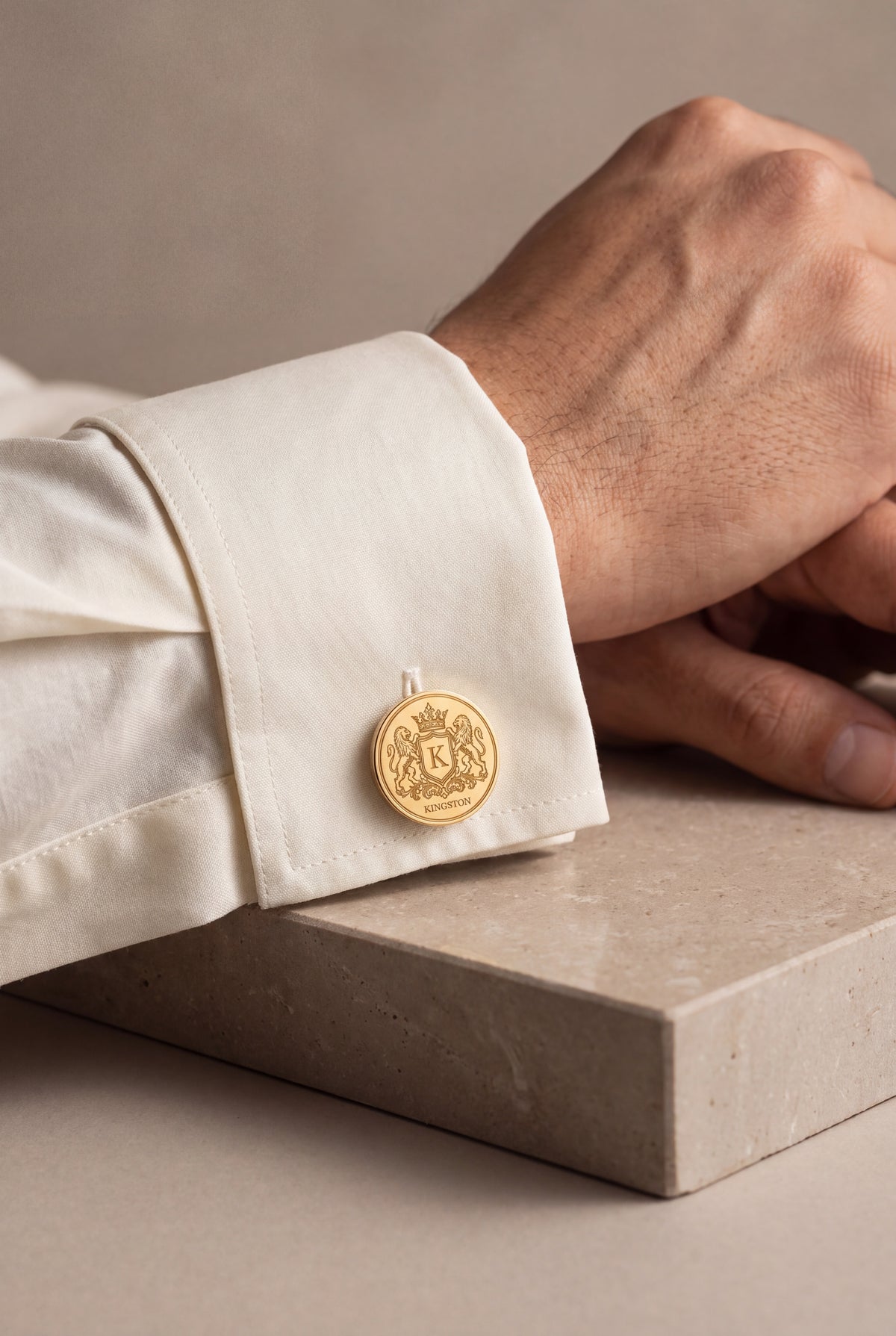 Personalized Lion Crest Family Name Cufflinks – on model, second view