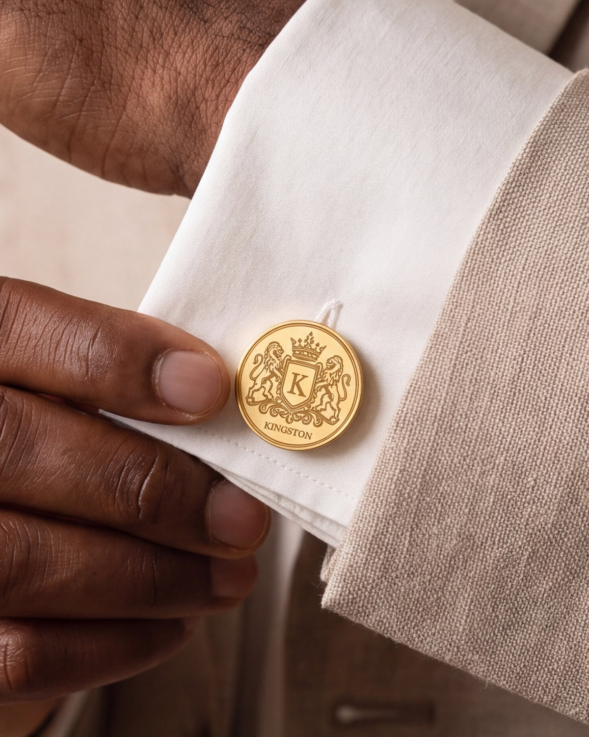 Personalized Lion Crest Family Name Cufflinks – close-up