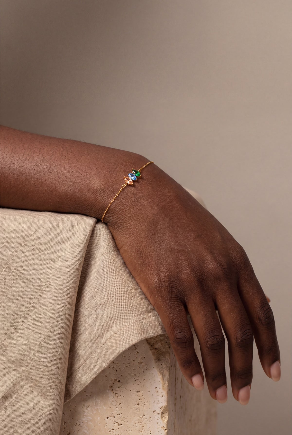 Personalized Marquise Birthstone Bracelet – on model, second view