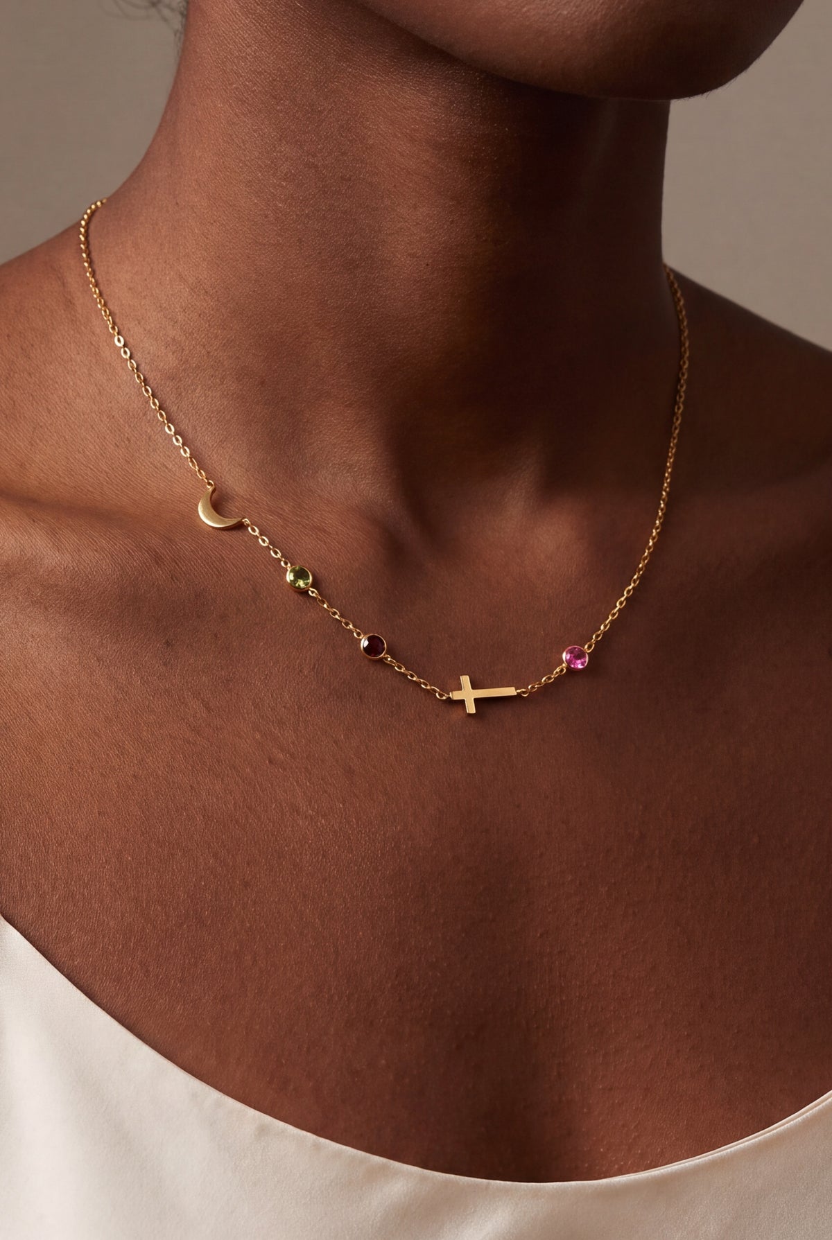 Personalized Moon, Cross & Birthstone Station Necklace – on model