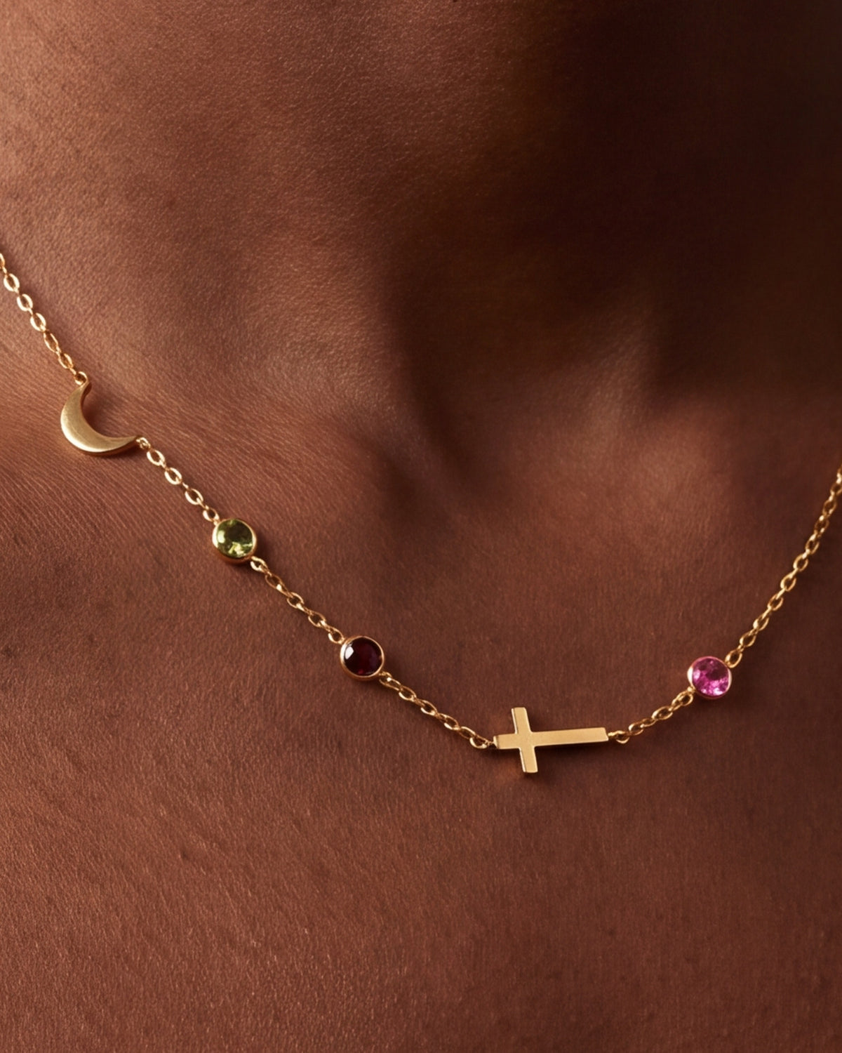 Personalized Moon, Cross & Birthstone Station Necklace – close-up