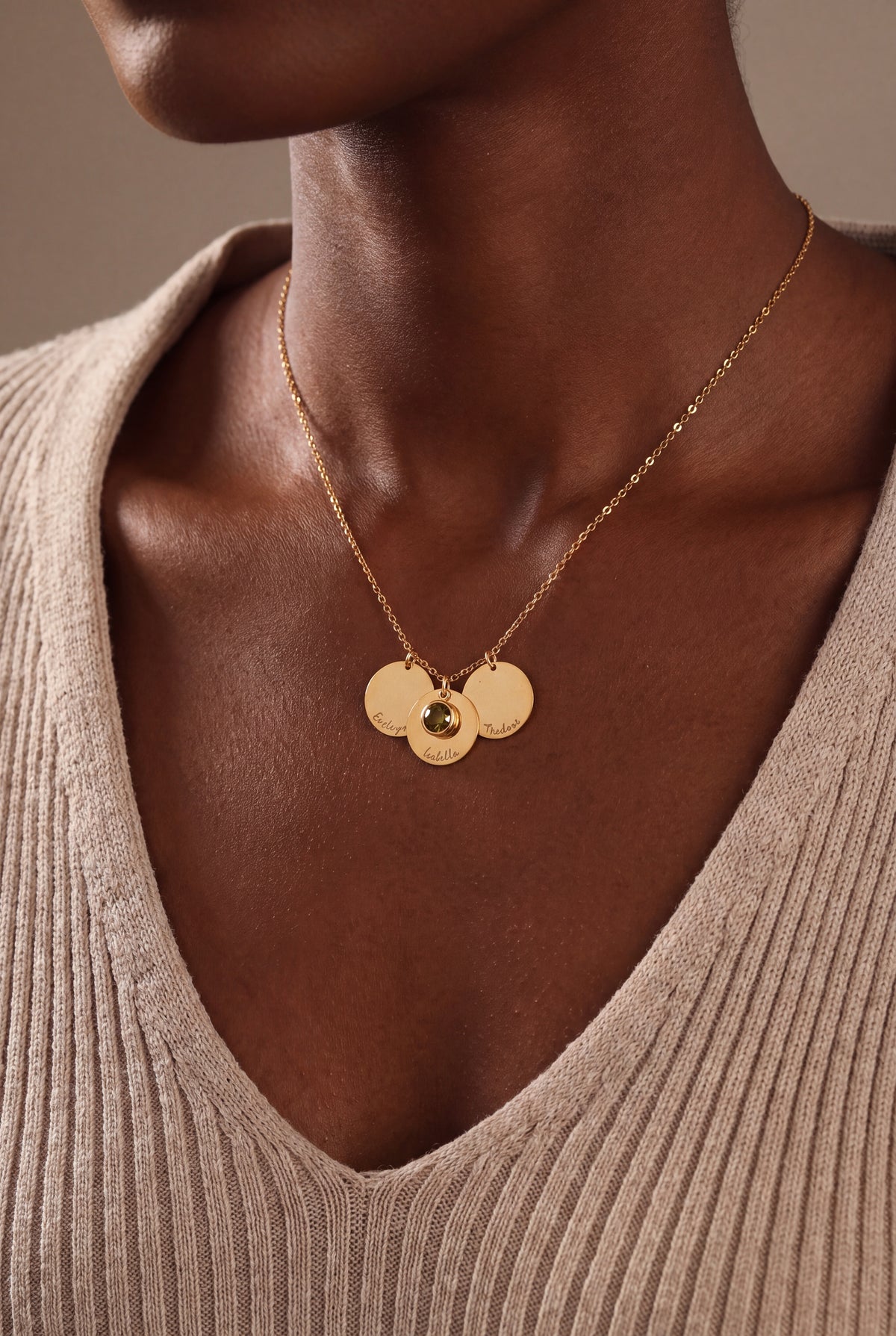 Personalized Name Disc & Birthstone Necklace – on model