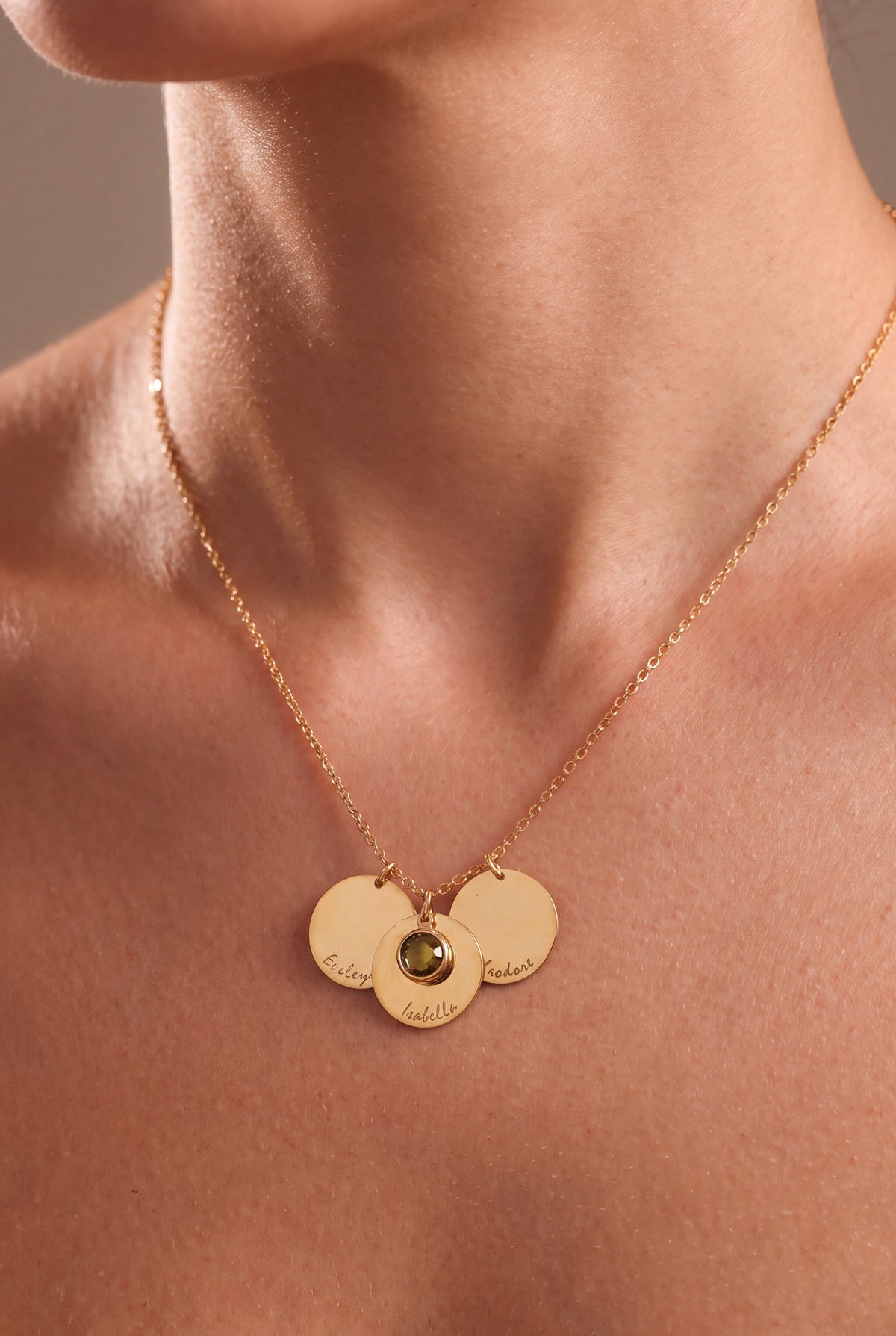 Personalized Name Disc & Birthstone Necklace – on model, second view