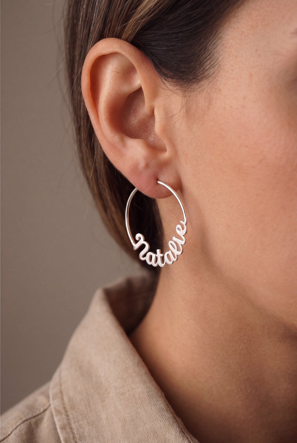 Personalized Name Hoop Earrings – on model