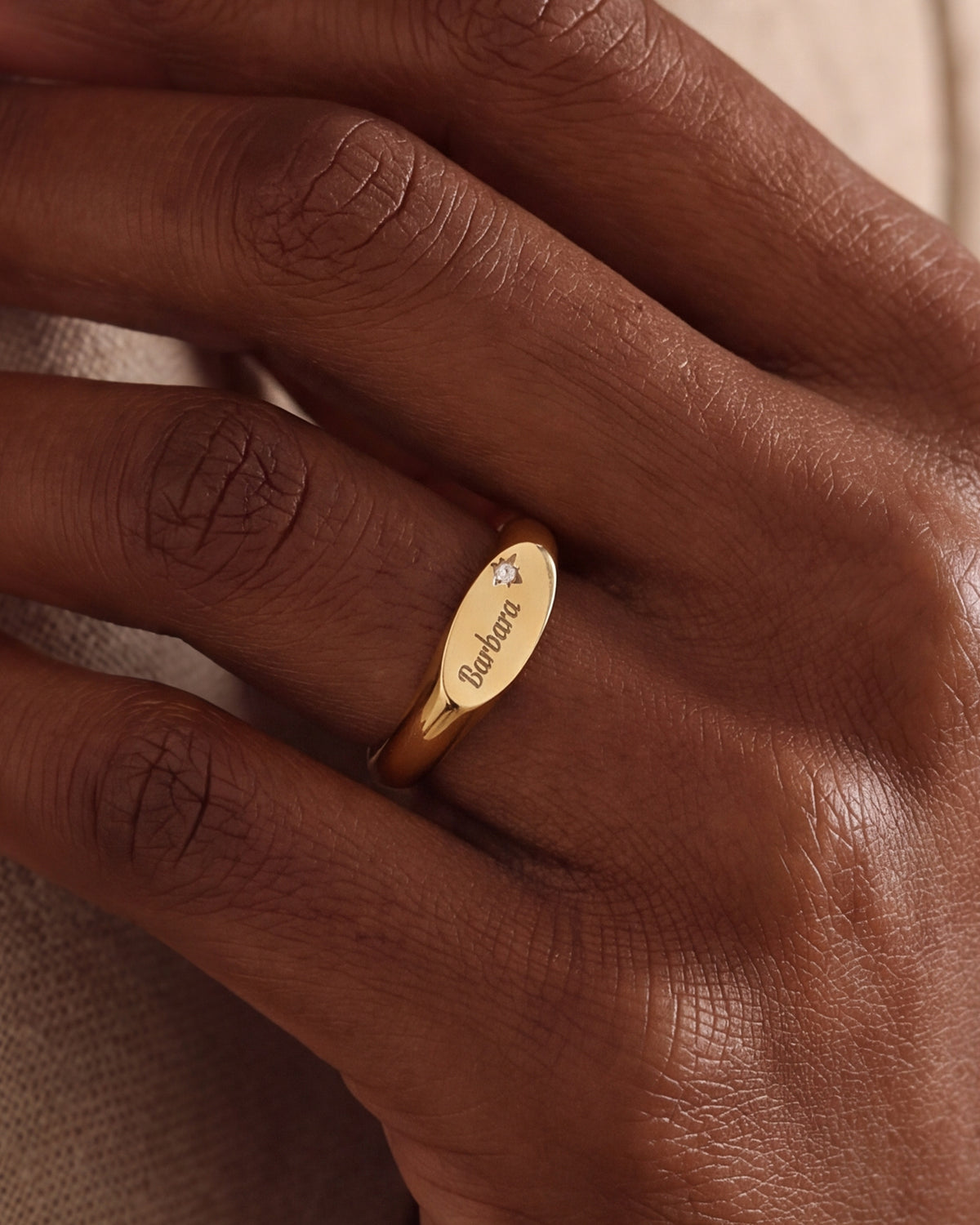 Personalized Name Oval Signet Ring with Star Stone – close-up