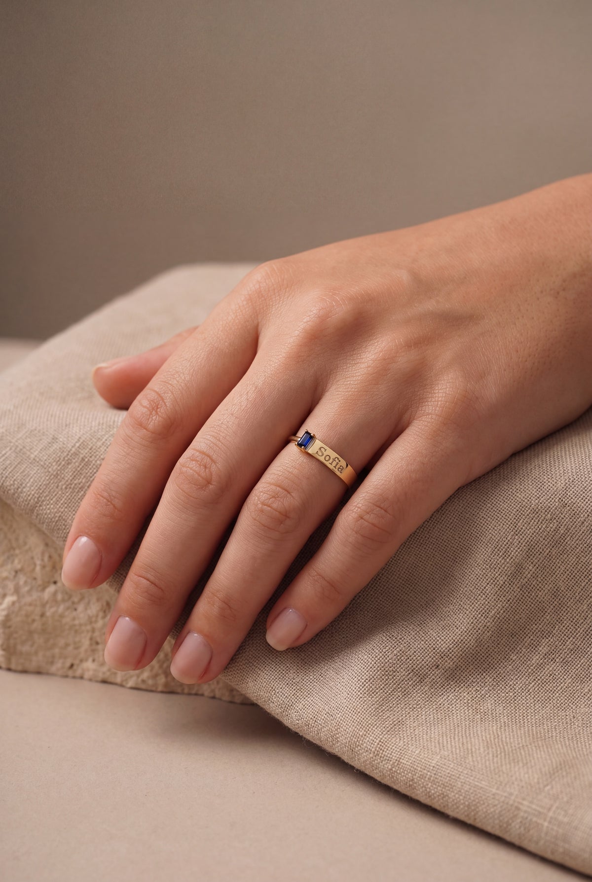 Personalized Name Ring with Baguette Birthstone – on model