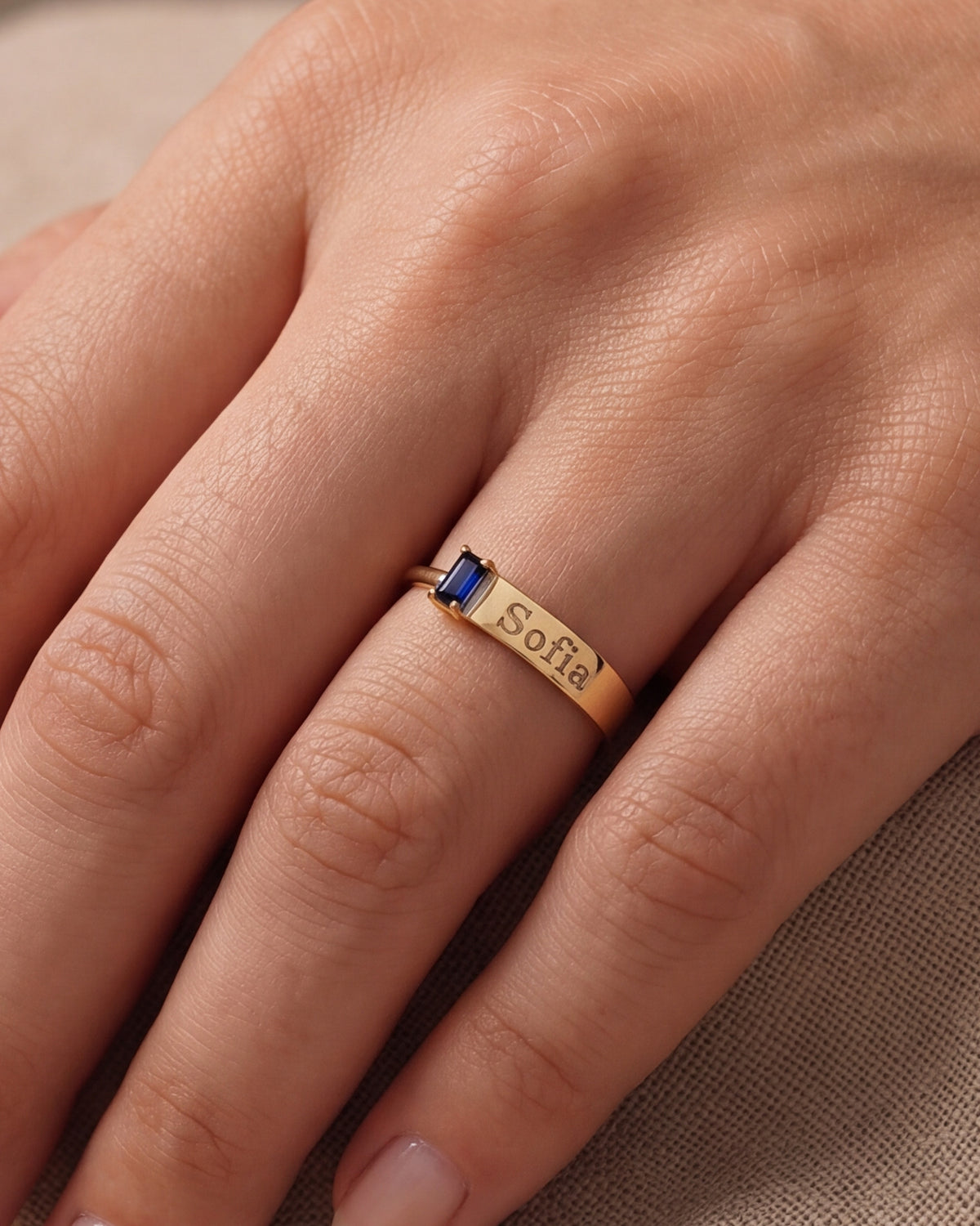 Personalized Name Ring with Baguette Birthstone – close-up