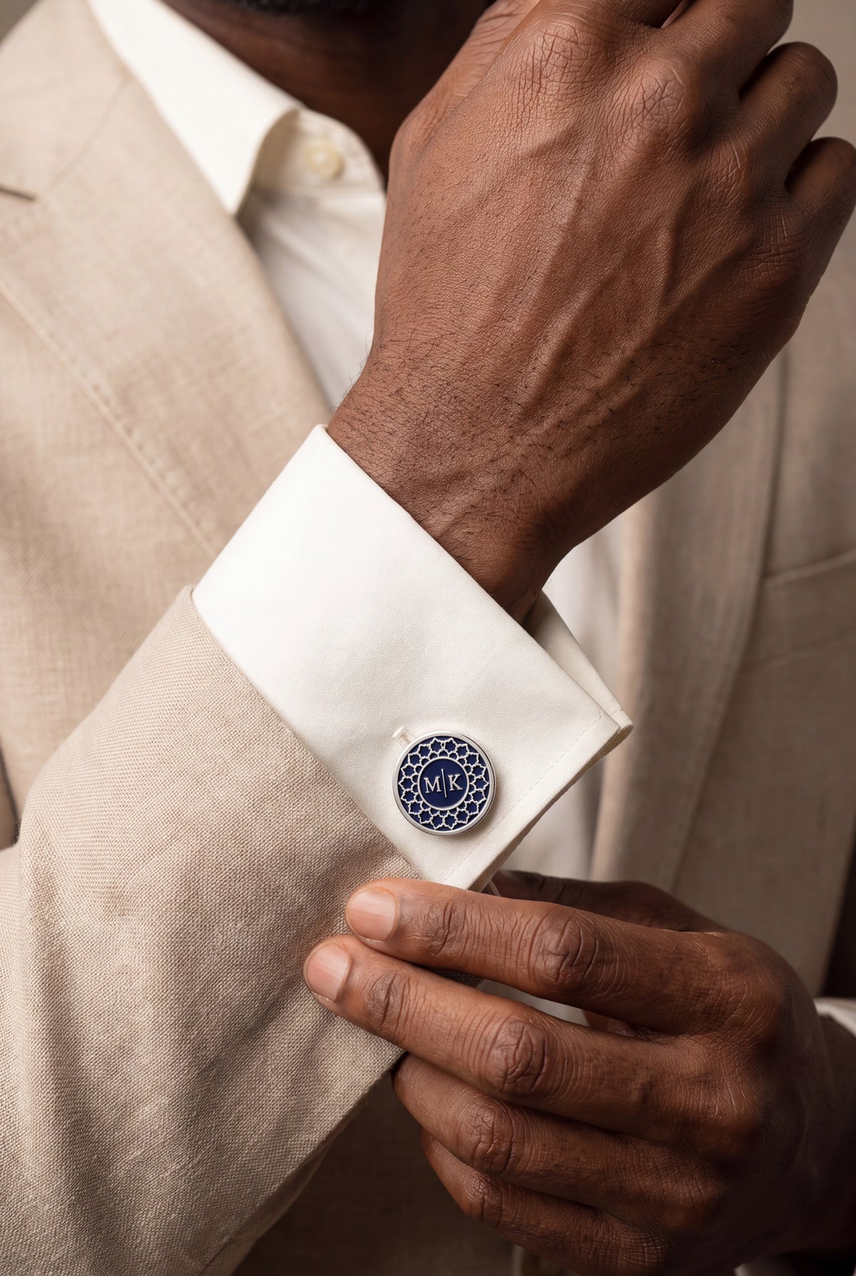 Personalized Navy Enamel Moroccan Initial Cufflinks – on model