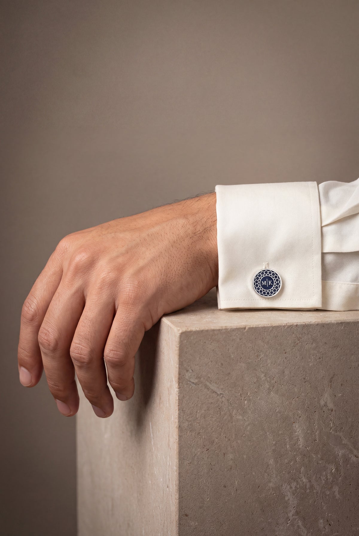 Personalized Navy Enamel Moroccan Initial Cufflinks – on model, second view