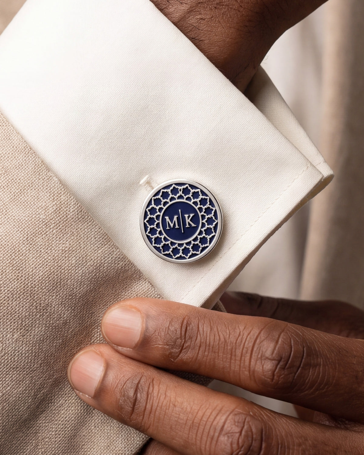 Personalized Navy Enamel Moroccan Initial Cufflinks – close-up