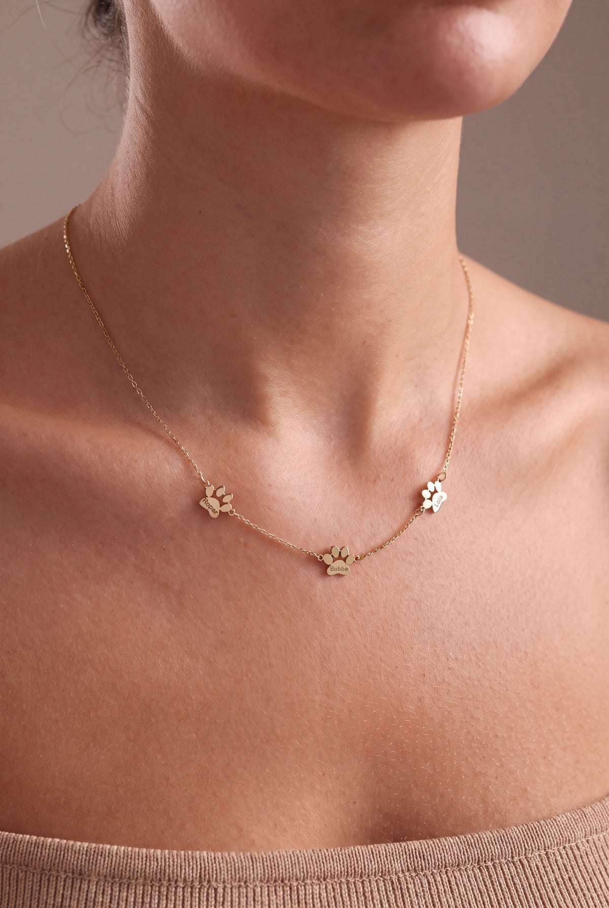 Personalized Paw Print Pet Name Necklace – on model, second view