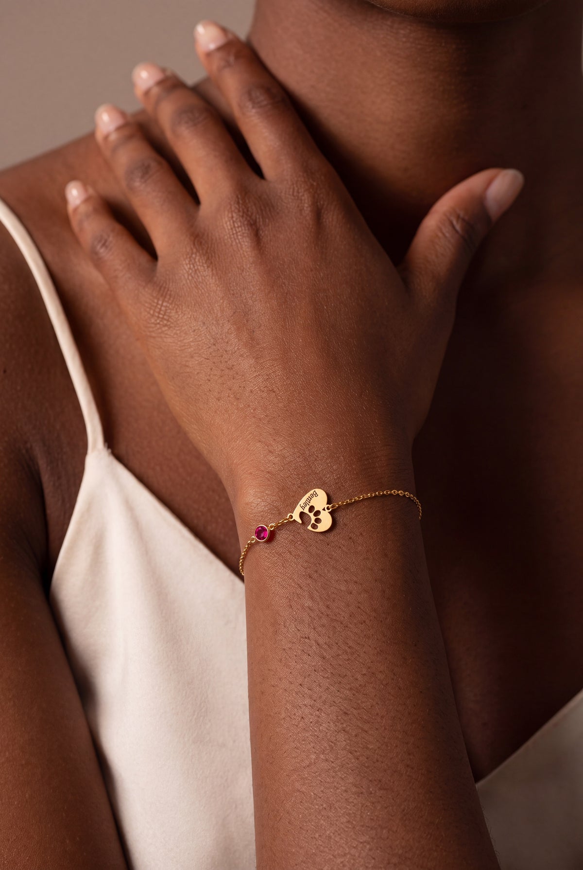 Personalized Pet Name & Birthstone Heart Bracelet – on model