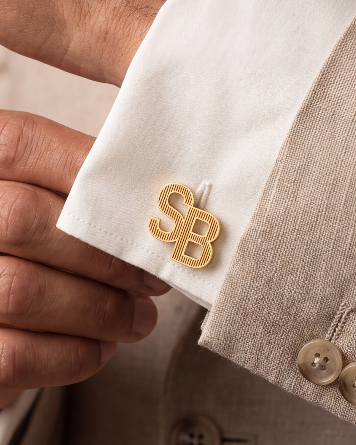 Personalized Pinstripe Rounded Block Initial Cufflinks – close-up