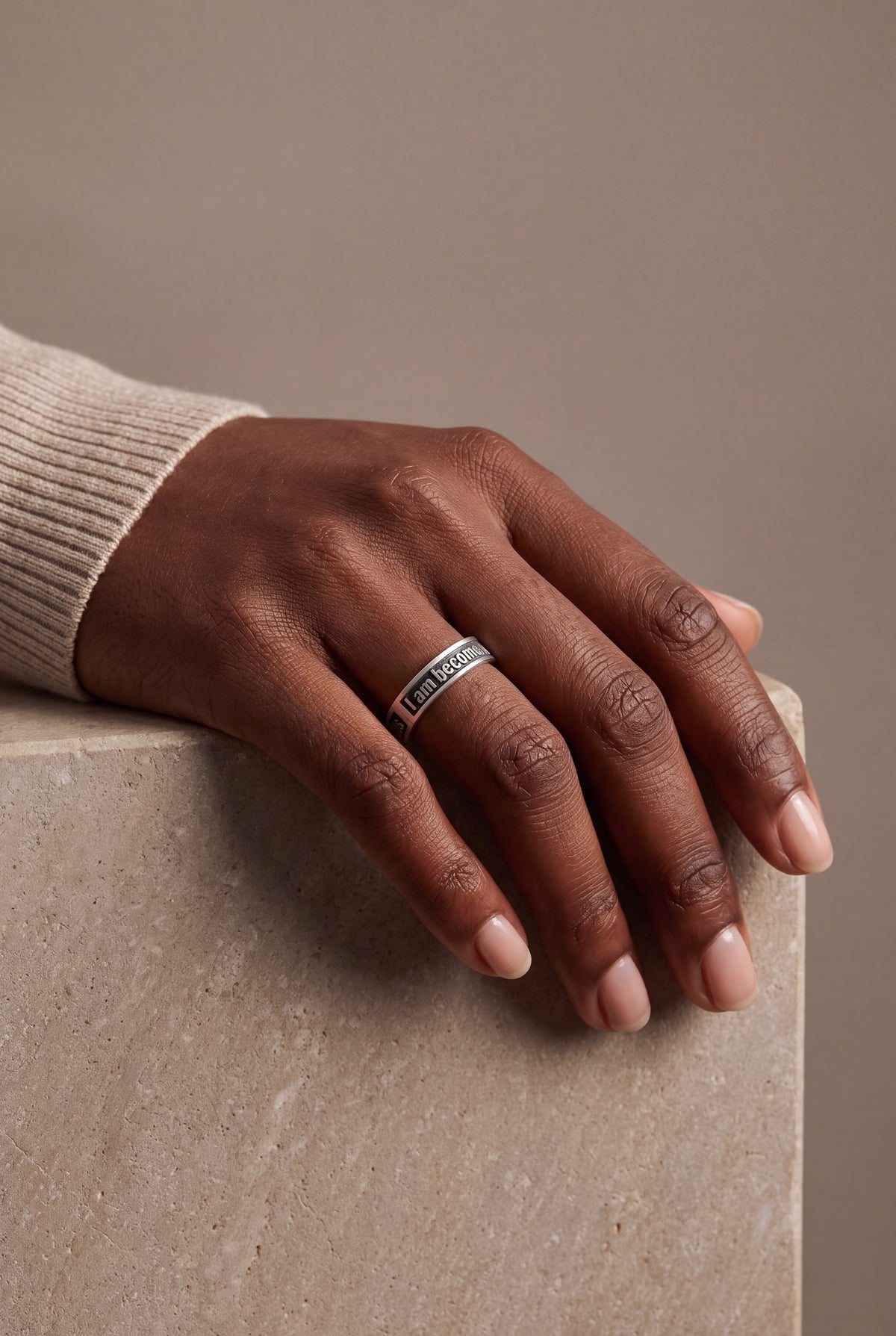 Personalized Raised Text Band Ring – on model
