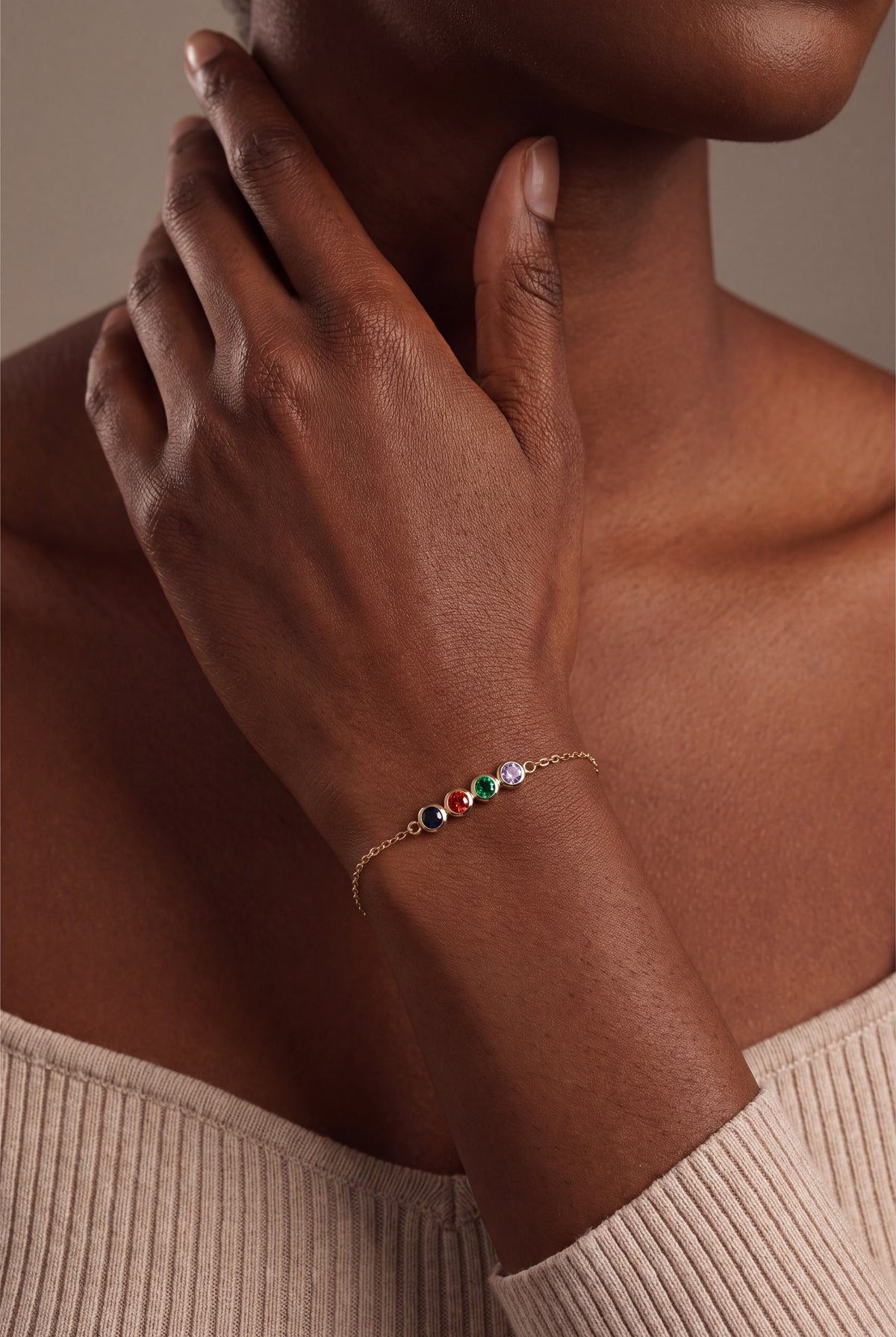 Personalized Round Birthstone Bracelet – on model