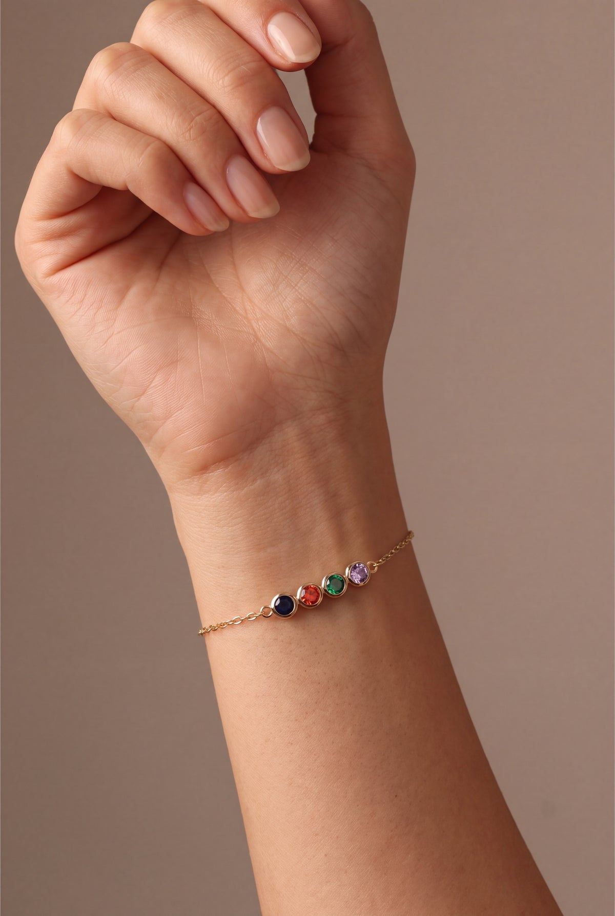 Personalized Round Birthstone Bracelet – on model, second view
