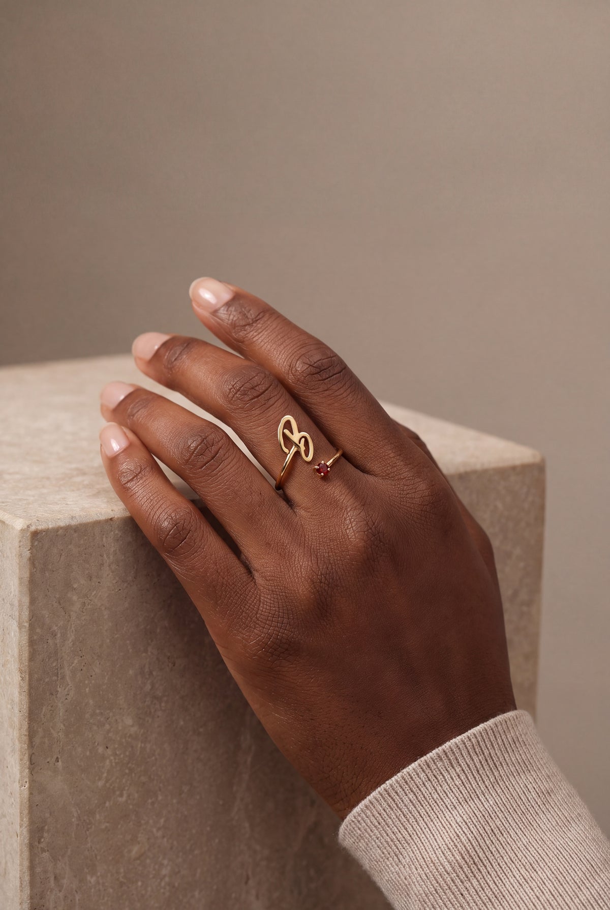 Personalized Script Initial & Birthstone Wrap Ring – on model