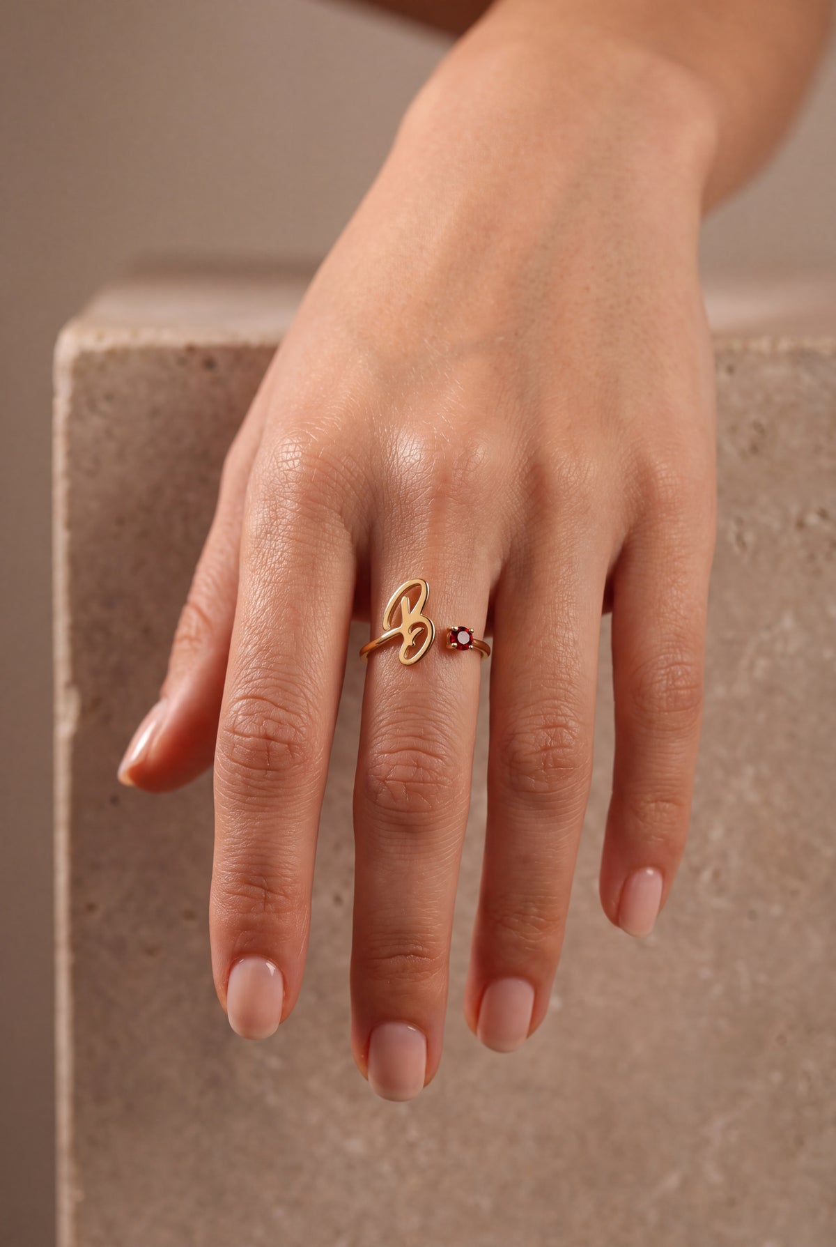 Personalized Script Initial & Birthstone Wrap Ring – on model, second view