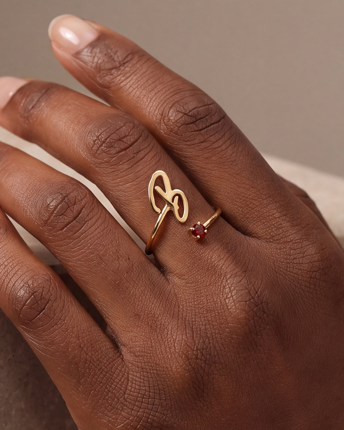 Personalized Script Initial & Birthstone Wrap Ring – close-up