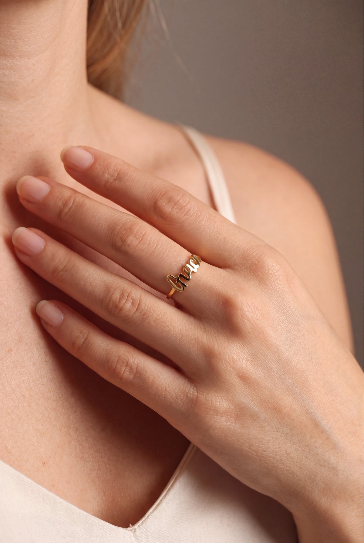 Personalized Script Name Ring – on model