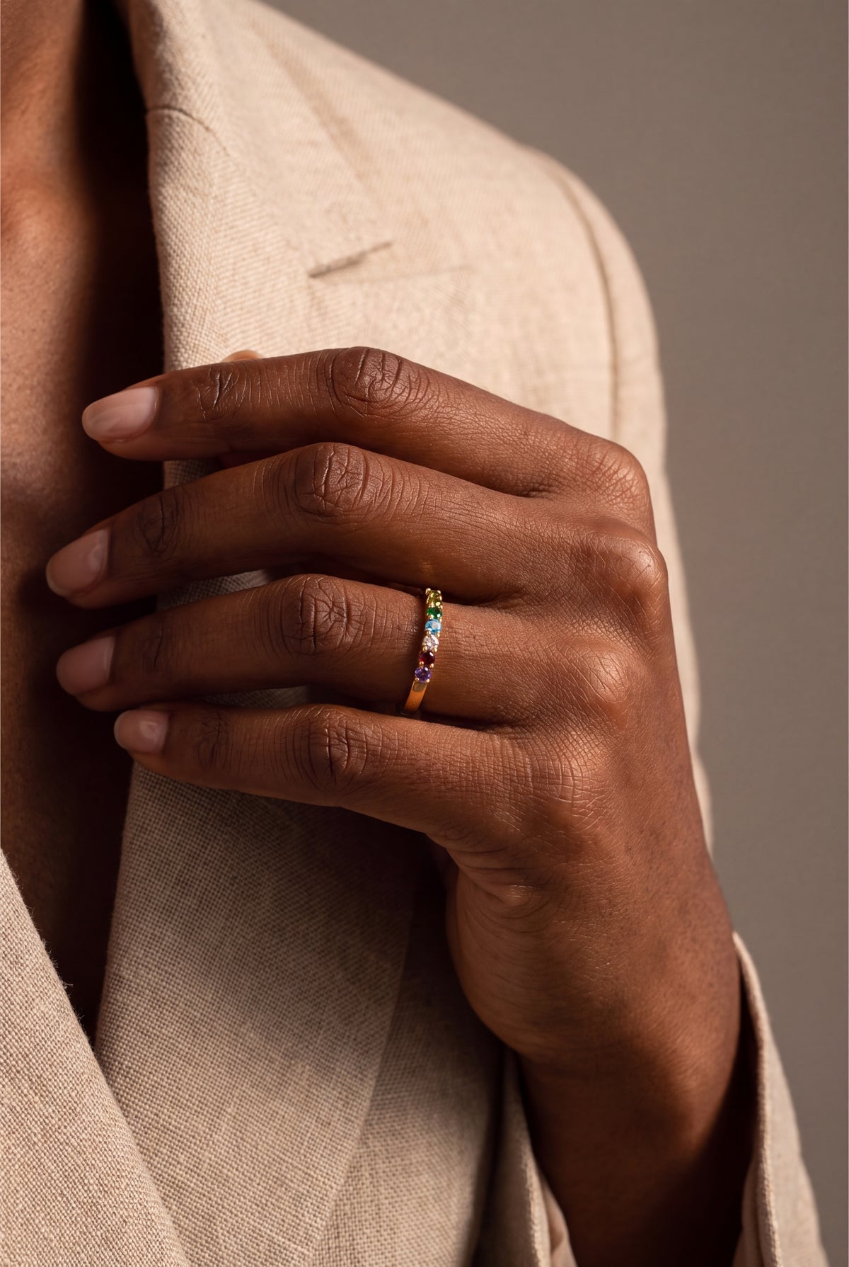Personalized Seven Birthstone Band Ring – on model