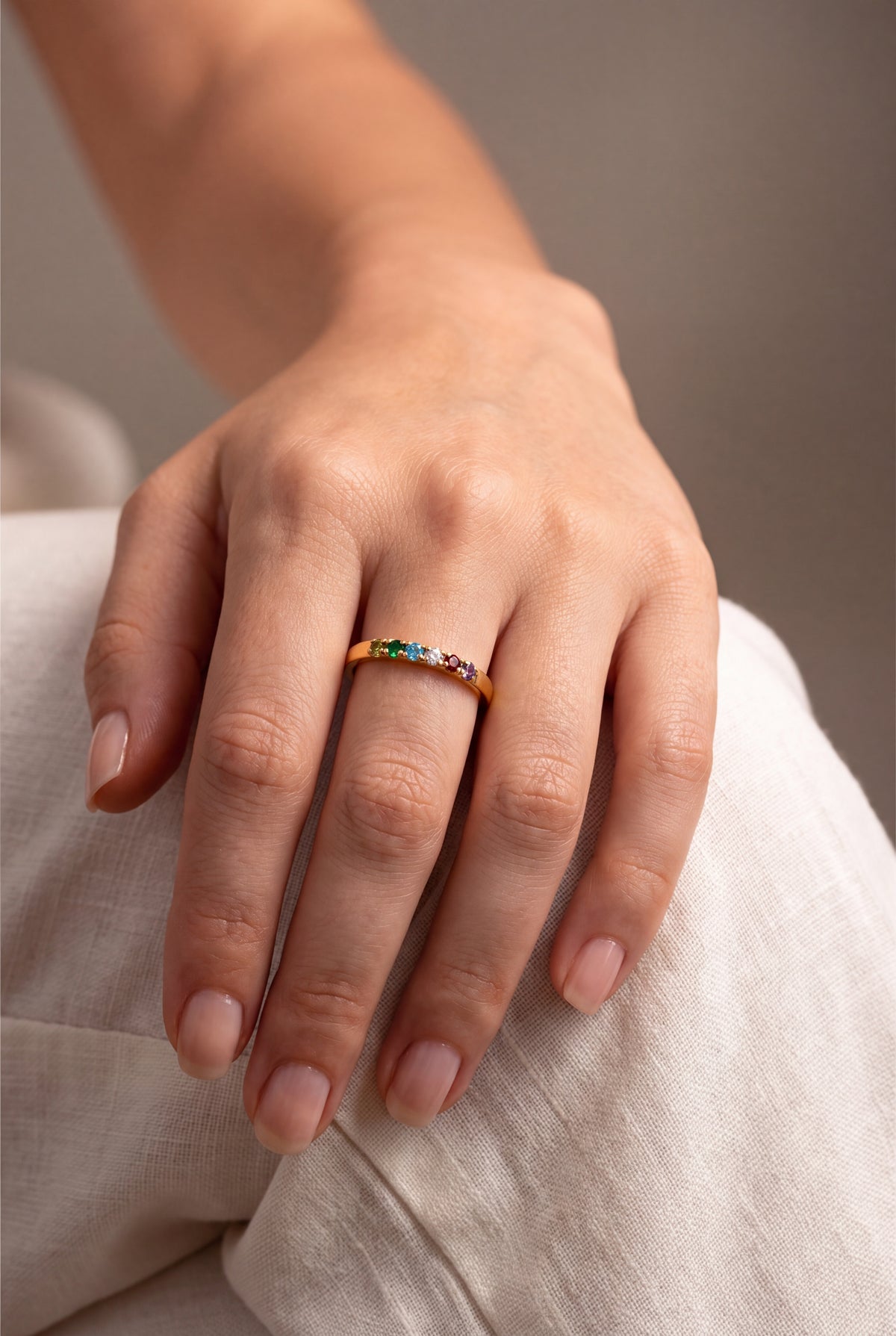 Personalized Seven Birthstone Band Ring – on model, second view
