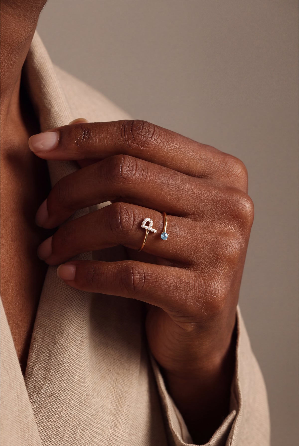 Personalized Stone-Set Initial & Birthstone Wrap Ring – on model