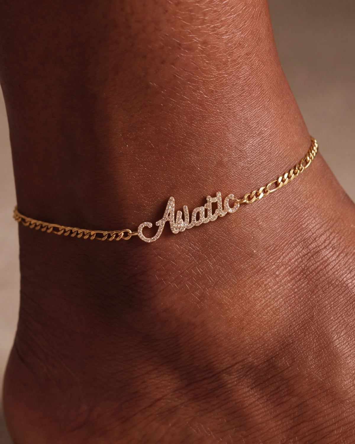 Personalized Stone-Set Name Figaro Chain Anklet – close-up