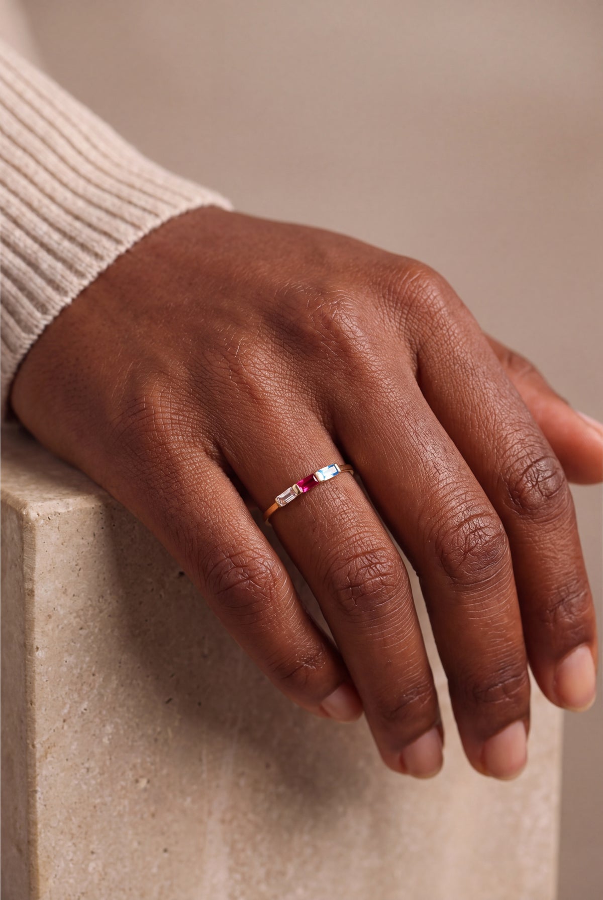 Personalized Three Baguette Birthstone Ring – on model
