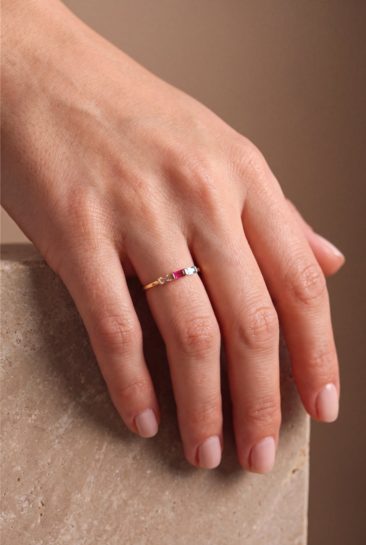 Personalized Three Baguette Birthstone Ring – on model, second view