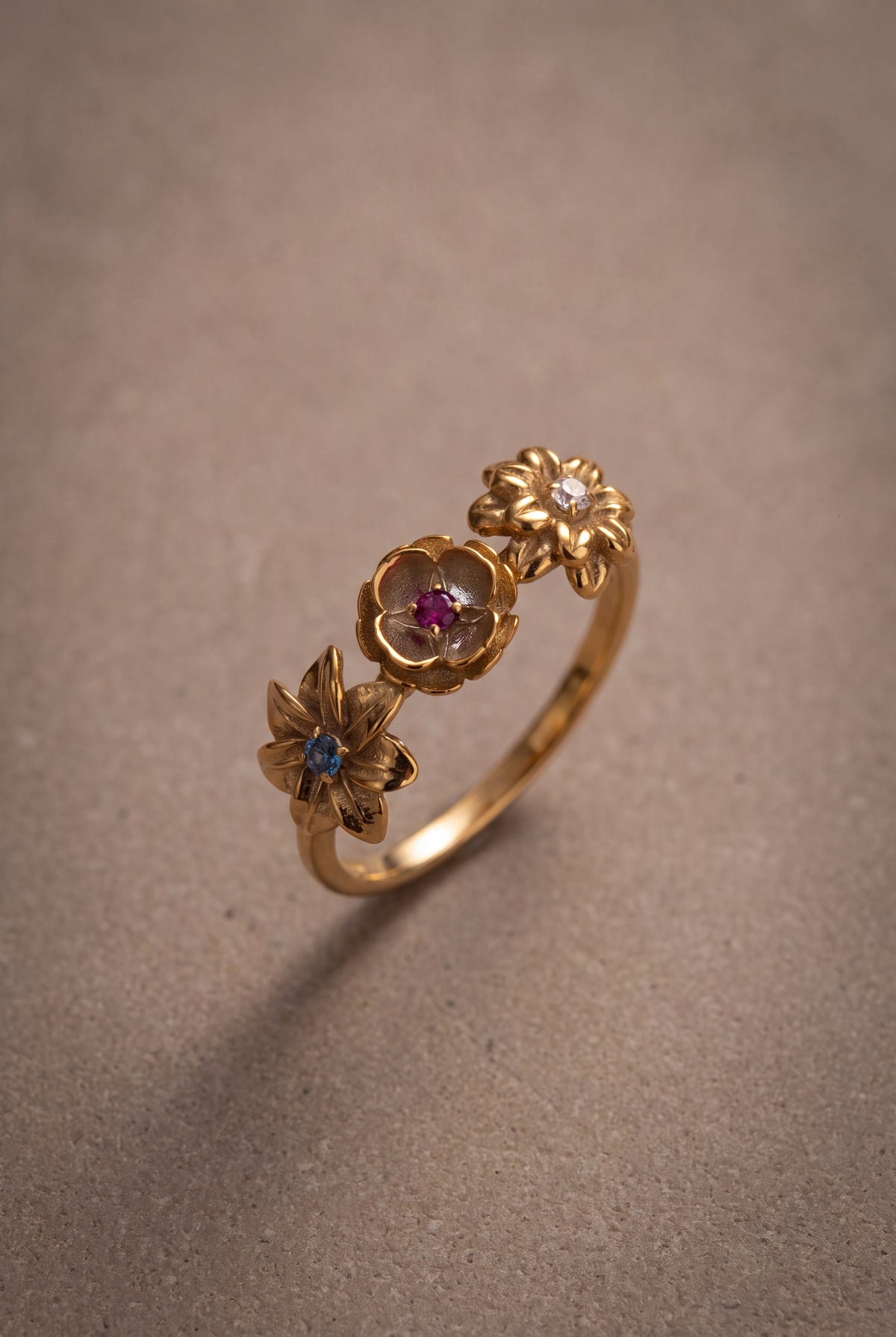 Personalized Three Flower Birthstone Ring – product detail