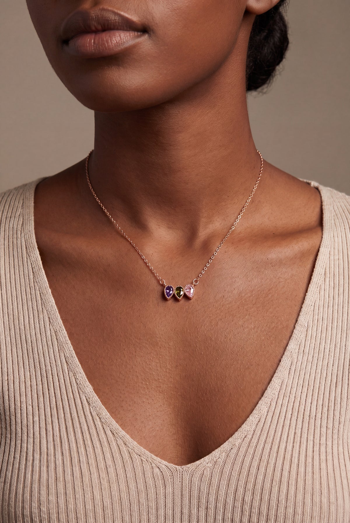 Personalized Three Teardrop Birthstone Necklace – on model