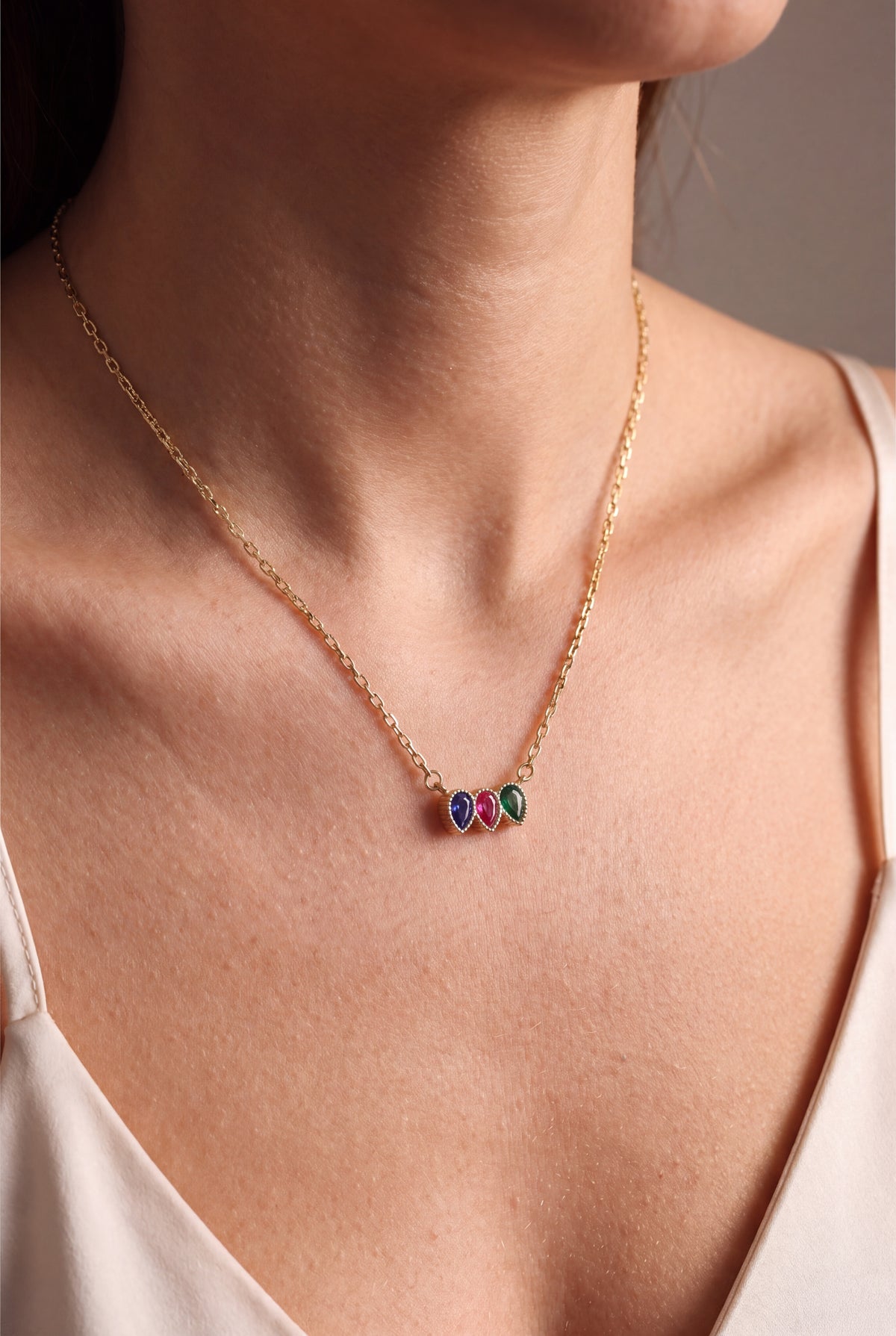 Personalized Three Teardrop Birthstone Row Necklace – on model, second view
