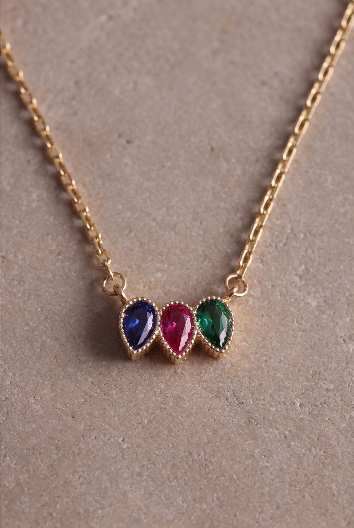Personalized Three Teardrop Birthstone Row Necklace – product detail
