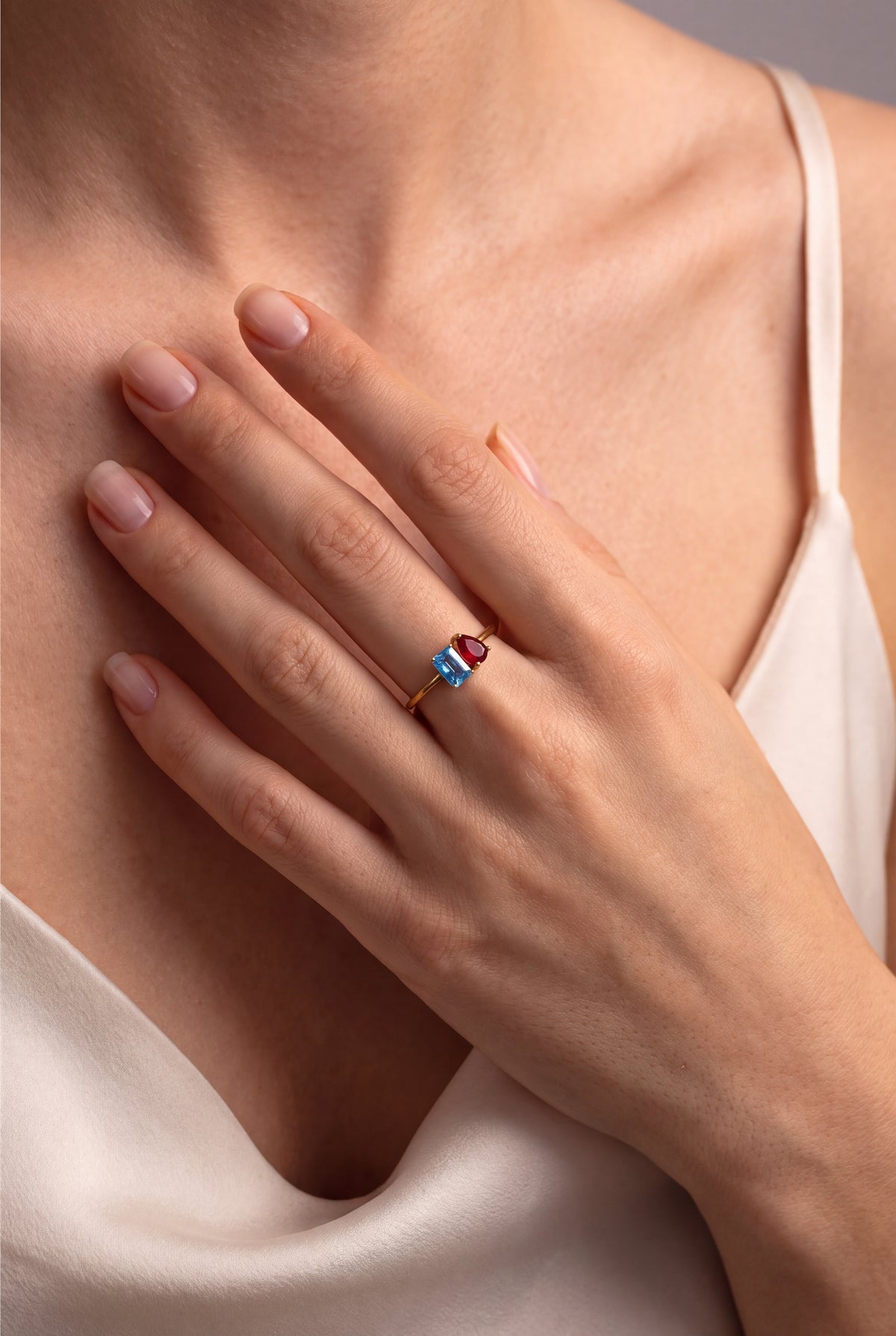 Personalized Toi et Moi Emerald-Cut & Pear Birthstone Ring – on model