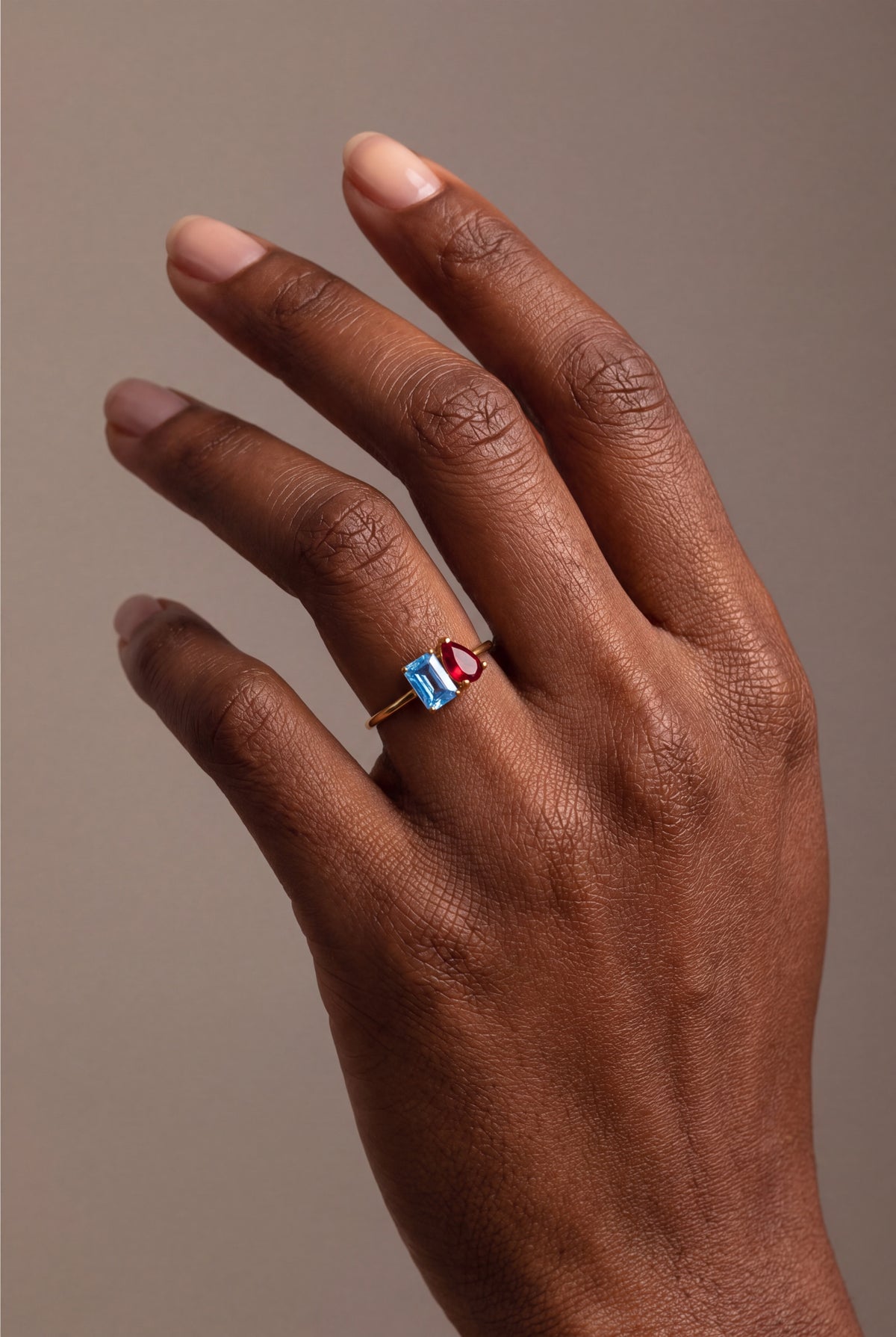 Personalized Toi et Moi Emerald-Cut & Pear Birthstone Ring – on model, second view