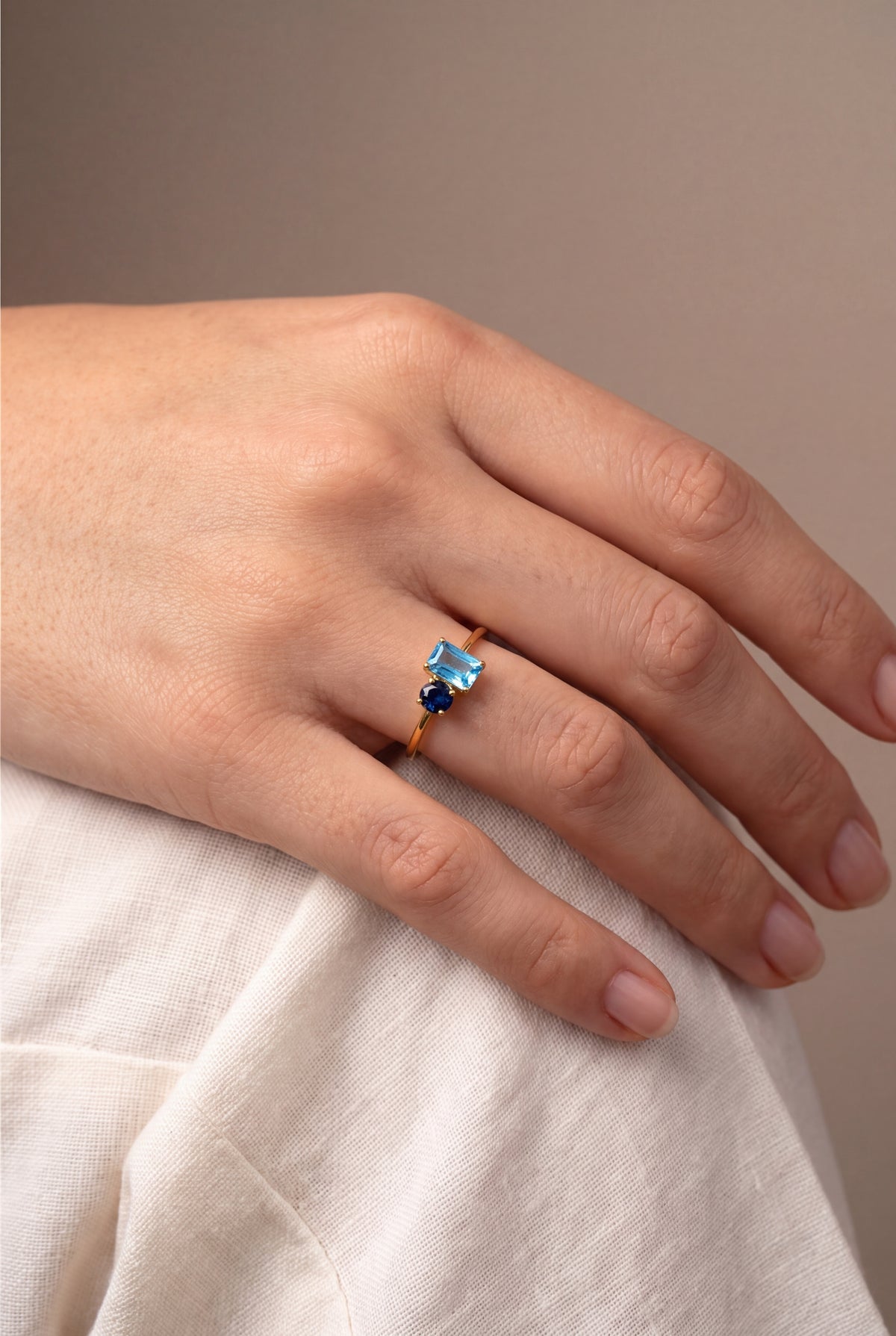 Personalized Toi et Moi Emerald-Cut & Round Birthstone Ring – on model, second view