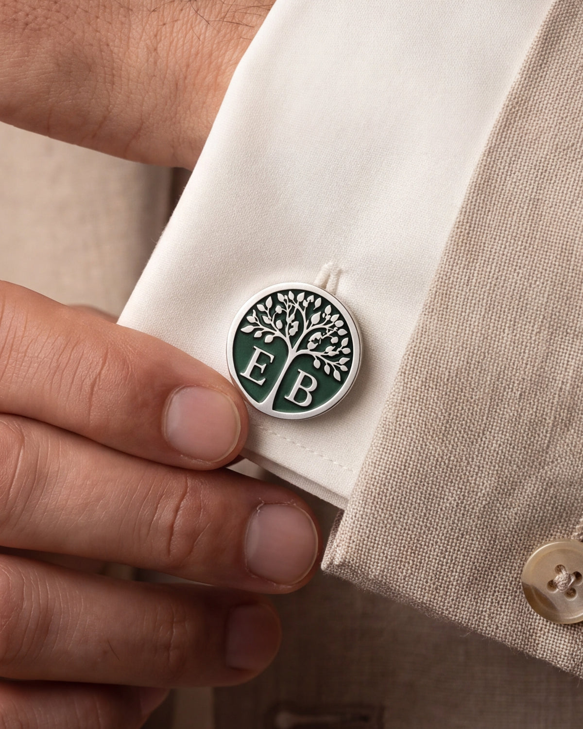 Personalized Tree of Life Green Enamel Initial Cufflinks – close-up