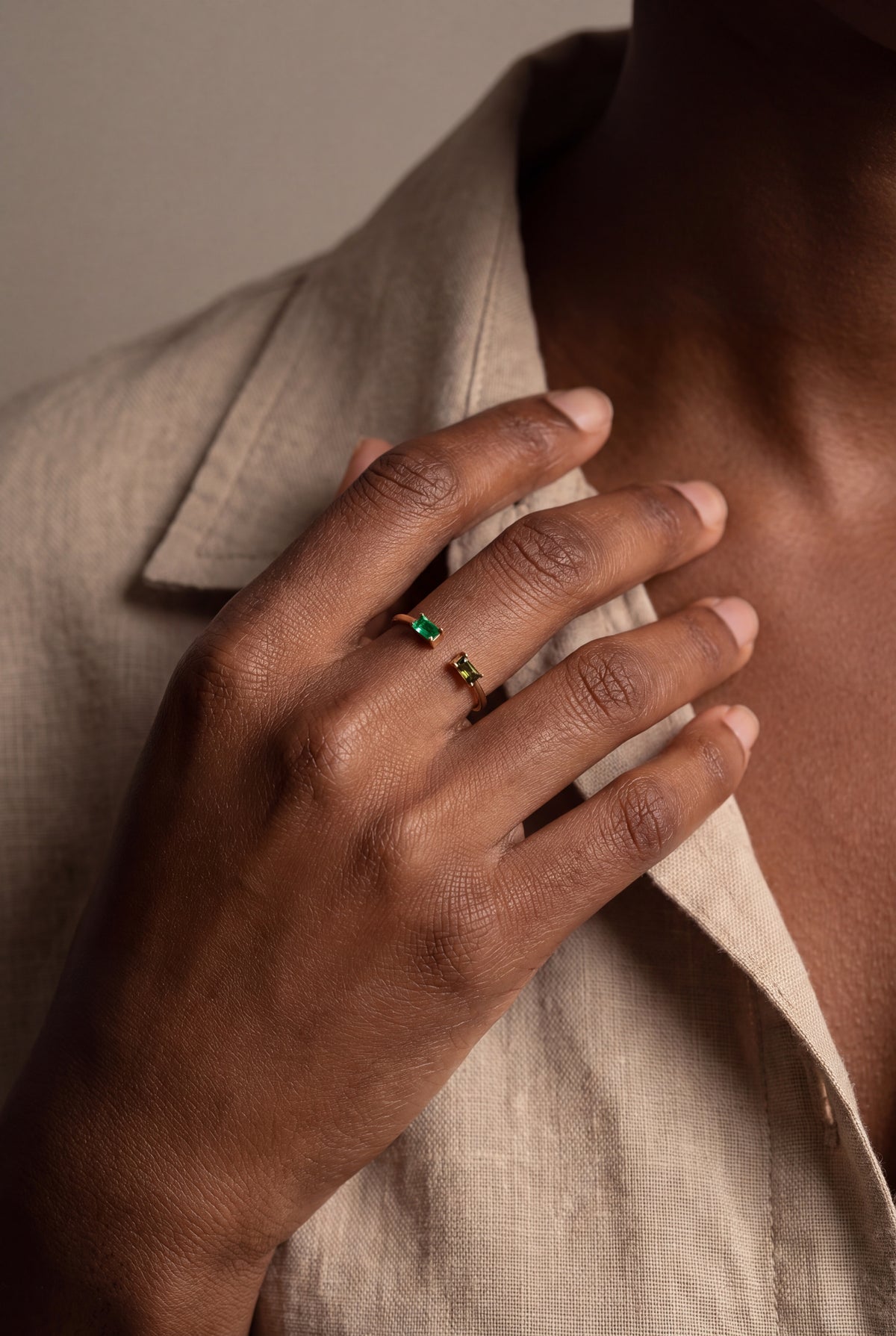 Personalized Two Baguette Birthstone Open Ring – on model, second view