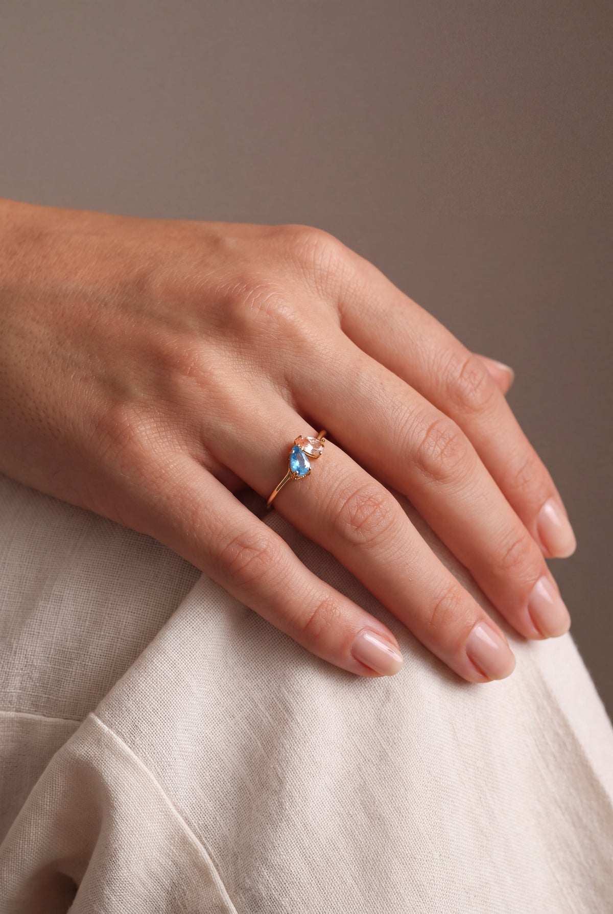 Personalized Two Teardrop Birthstone Ring – on model, second view